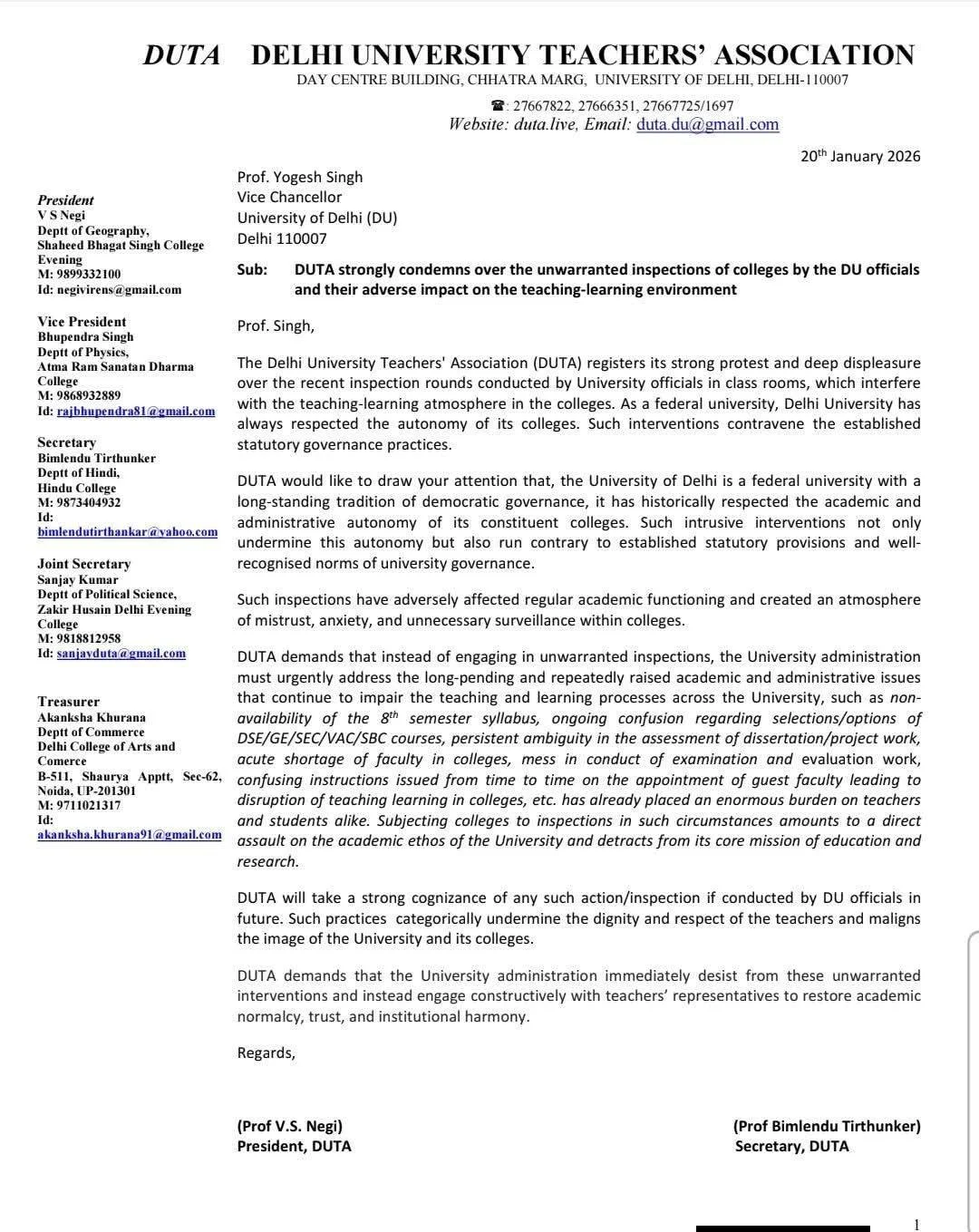 DUTA Letter Against the Unwarranted Inspections of Colleges by the DU Officials 