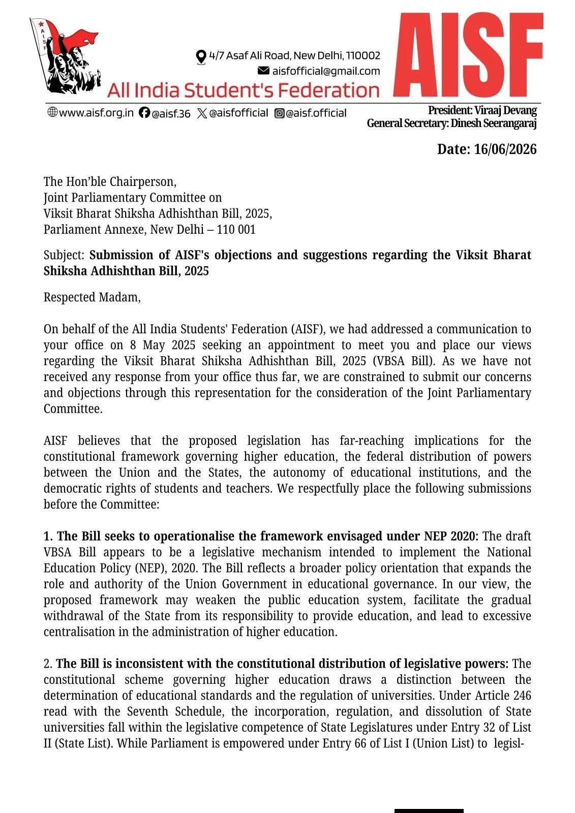 AISF's Objections and Suggestions Regarding the Viksit Bharat Shiksha Adhishthan Bill, 2025