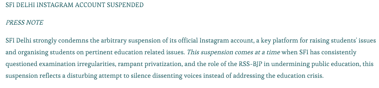 SFI Delhi Instagram Account Suspended