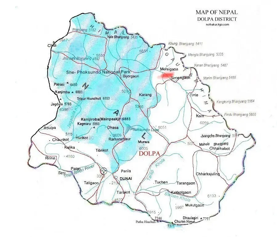 Detaillierte Landkarte der Region Upper Dolpo (Dolpa Distrikt) in Nepal. Die Karte zeigt das gebirgige Terrain des Himalaya, den She-Phoksundo Nationalpark und die abgelegenen Dörfer an der tibetischen Grenze.