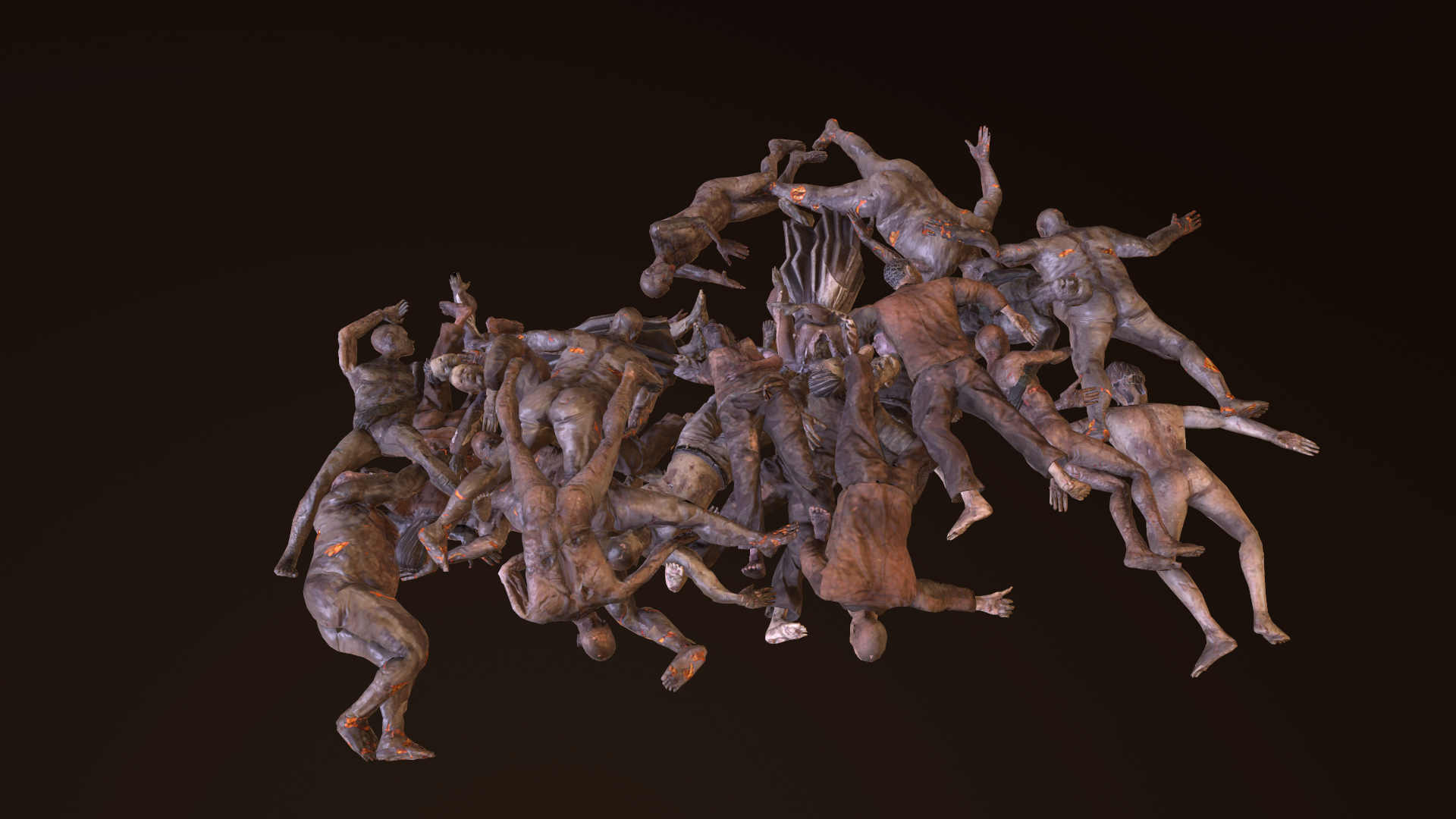 Digital art sculpture of numerous human figures piled together against a black background.