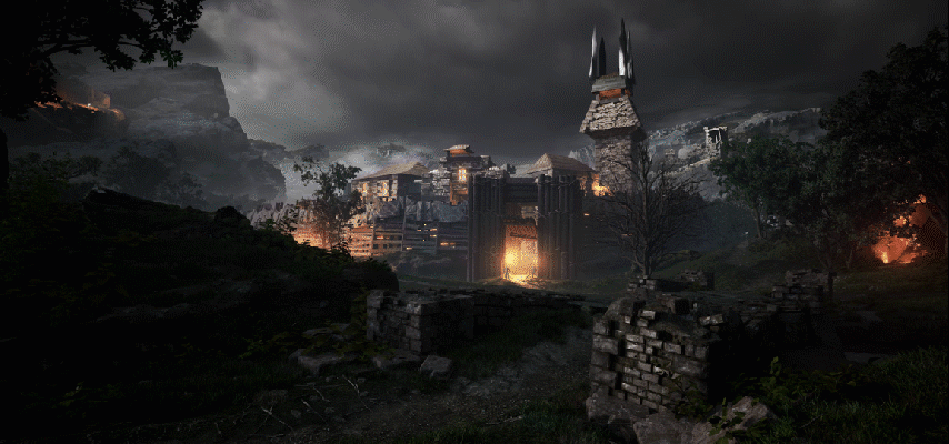 Dark, ominous fortress built into mountain landscape with tall towers, glowing lights, and a stormy sky.