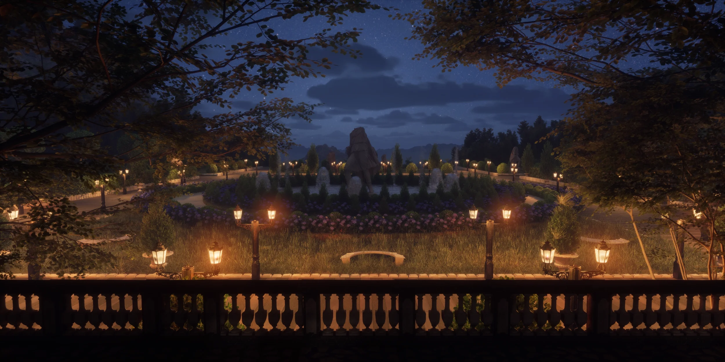Nighttime view of a park with a fountain and statue in the center, surrounded by trees, lit by vintage street lamps, under a starry sky.