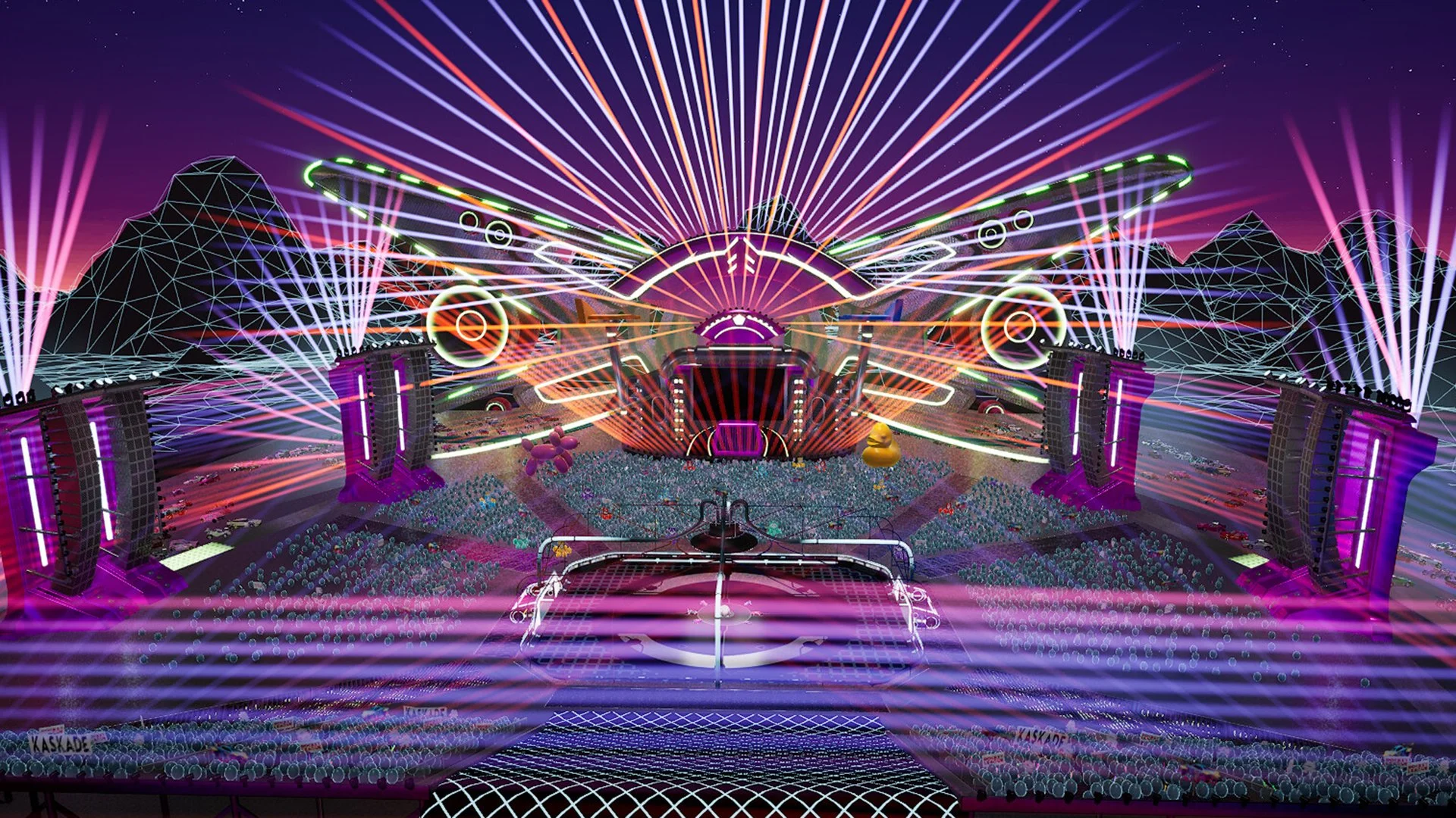 A digital rendering of a colorful outdoor music festival with a large stage, neon lights, and laser beams. The scene includes mountains in the background and a crowd of people in front of the stage.