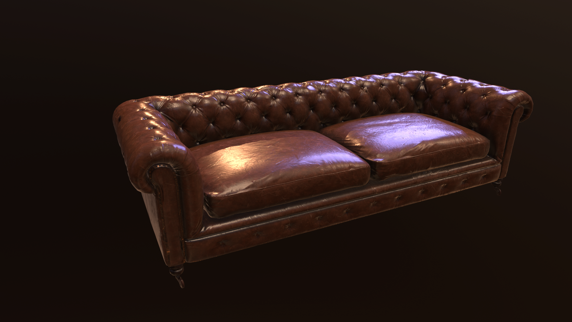 A vintage brown leather Chesterfield sofa with two cushions on a dark background.