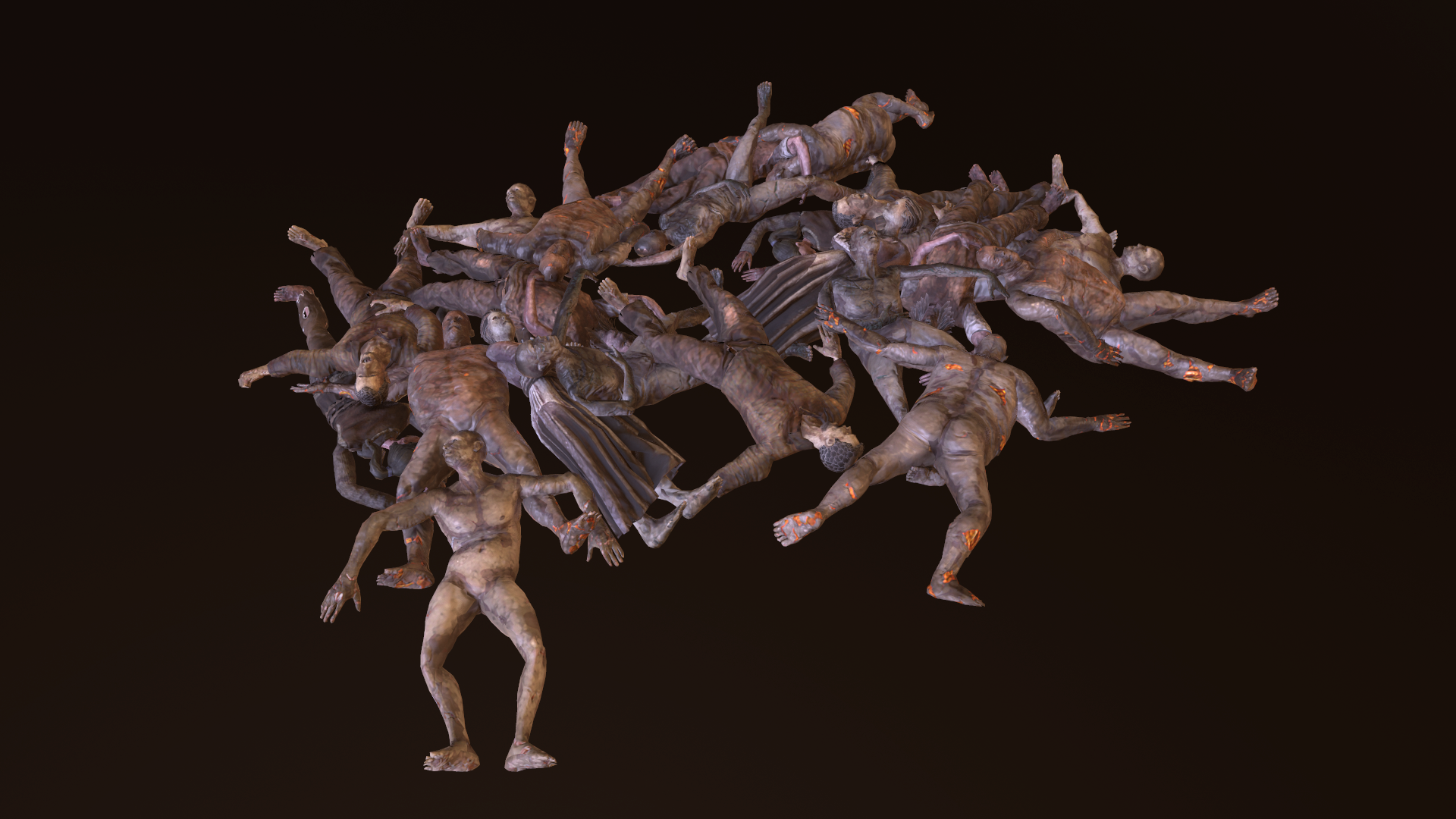 Digital rendering of numerous human corpses piled together on a black background.