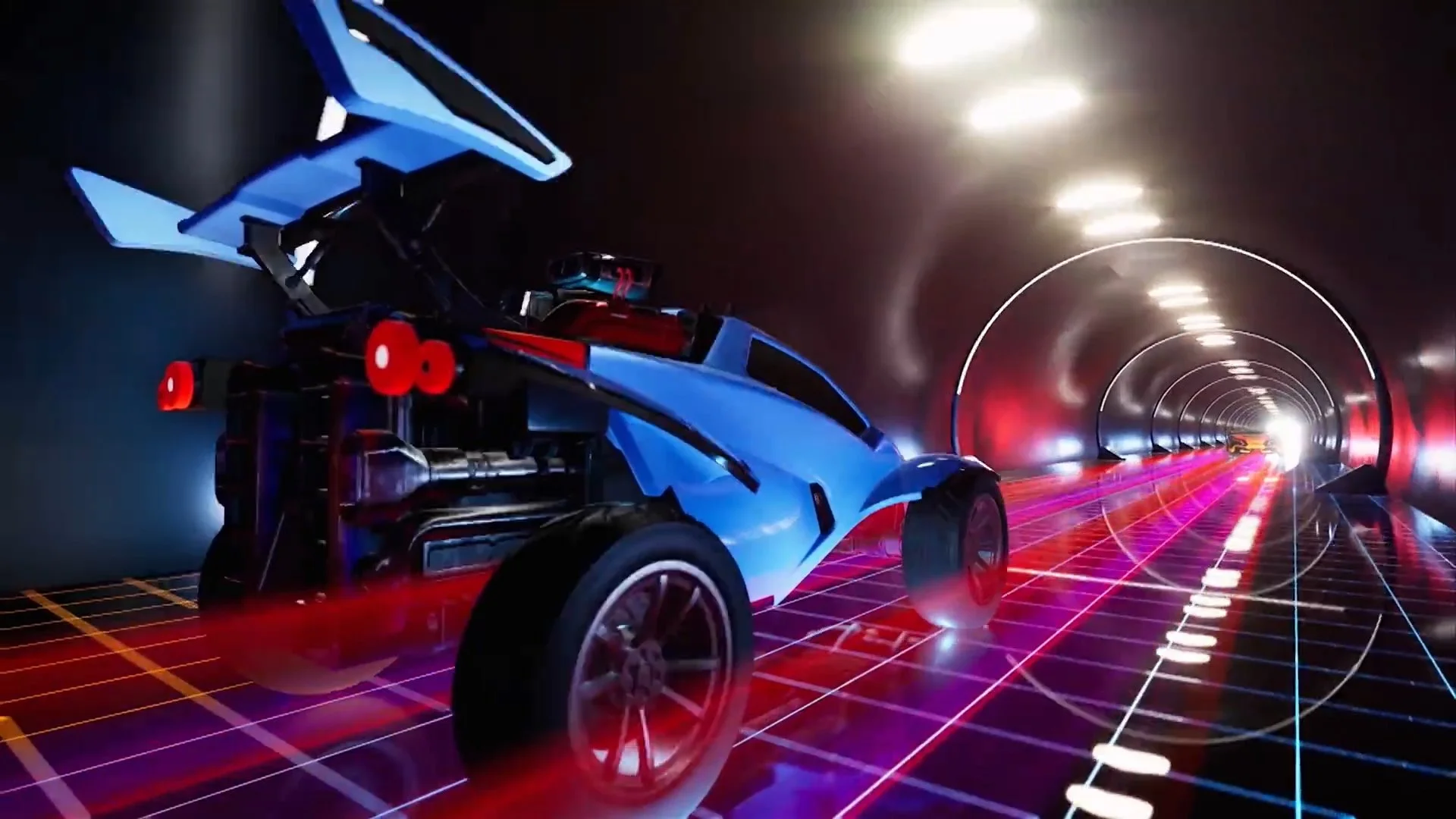 A futuristic blue sports car with gullwing doors opening in a high-tech tunnel with neon lights and grid patterns on the floor, creating a cyberpunk aesthetic.
