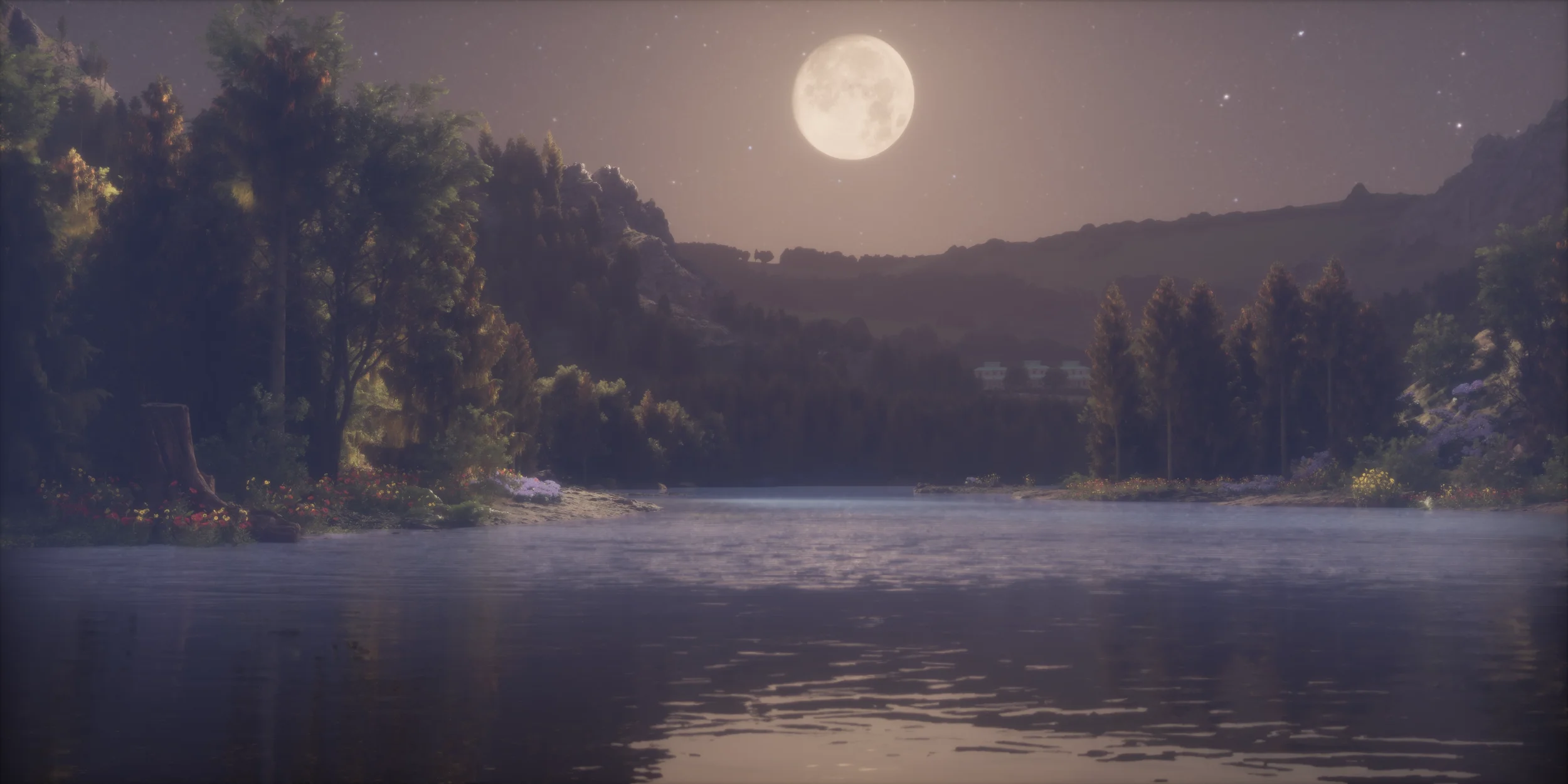 Nighttime landscape with a full moon above trees and hills, calm water reflecting the moonlight, and small houses in the distance.
