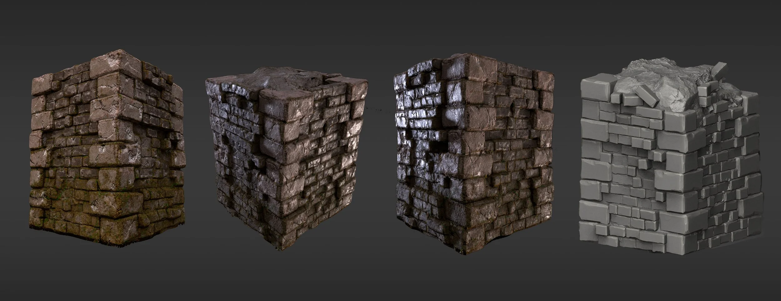 Four 3D-rendered brick wall textures, ranging from realistic to stylized.