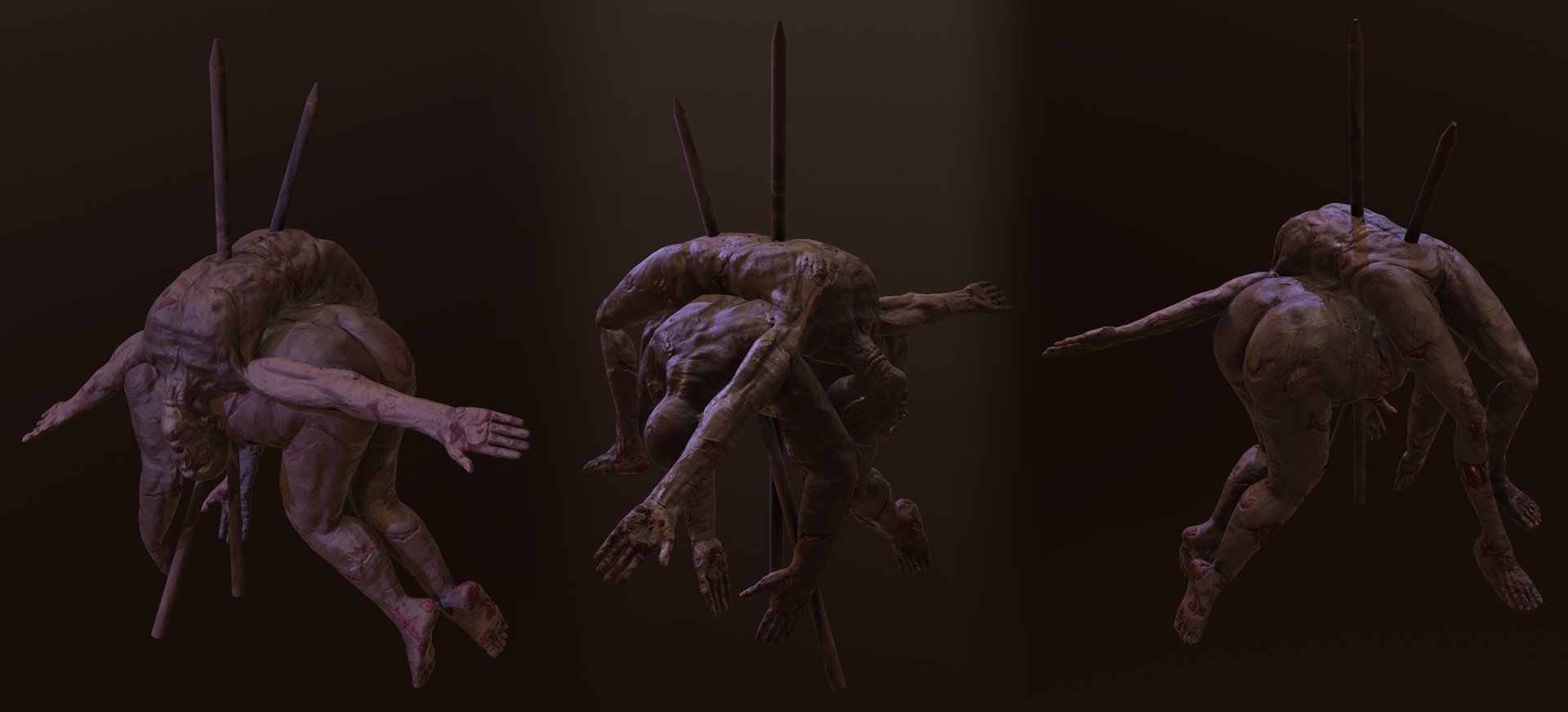 Three figures resembling humanoid creatures with elongated limbs and exposed muscles, suspended in mid-air, each pierced by a vertical rod through their torsos, against a dark background.
