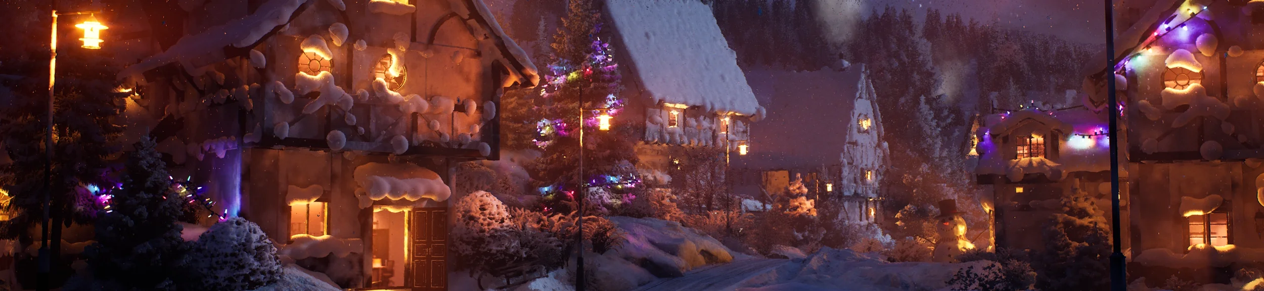 Snow-covered village at night decorated with colorful holiday lights.