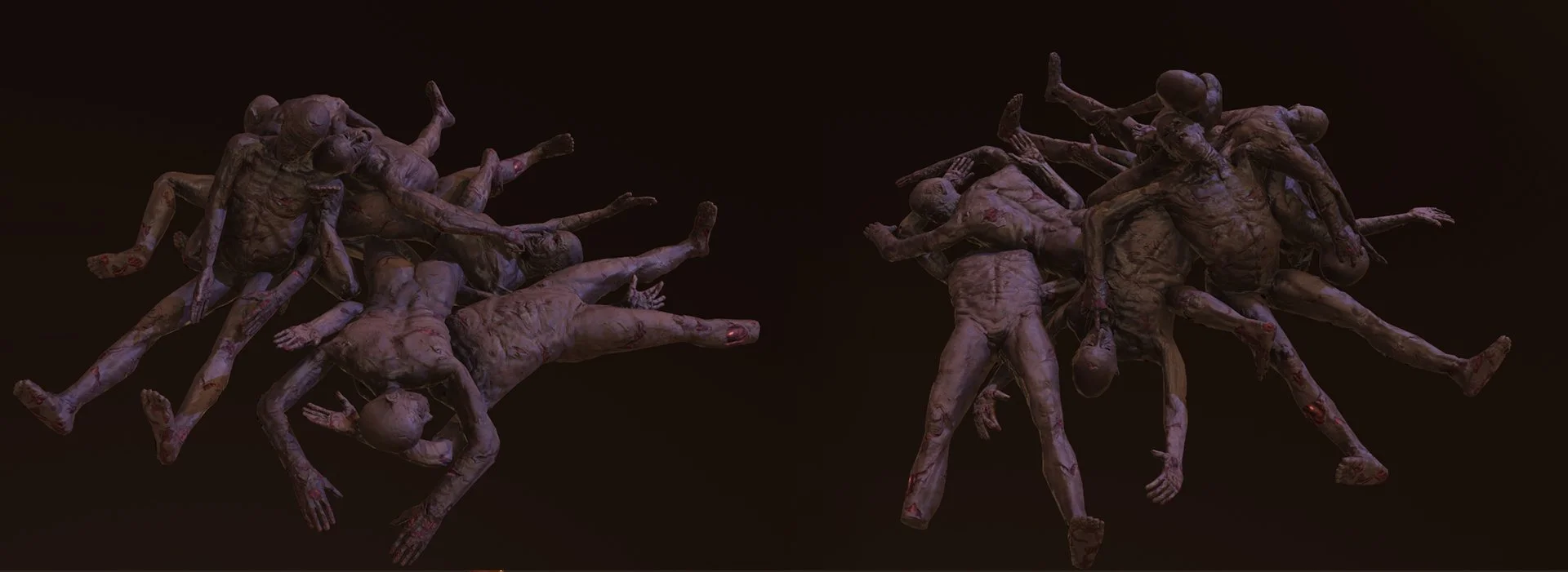 Two clusters of intertwined, decomposed human-like figures with discolored and damaged skin, set against a dark background.
