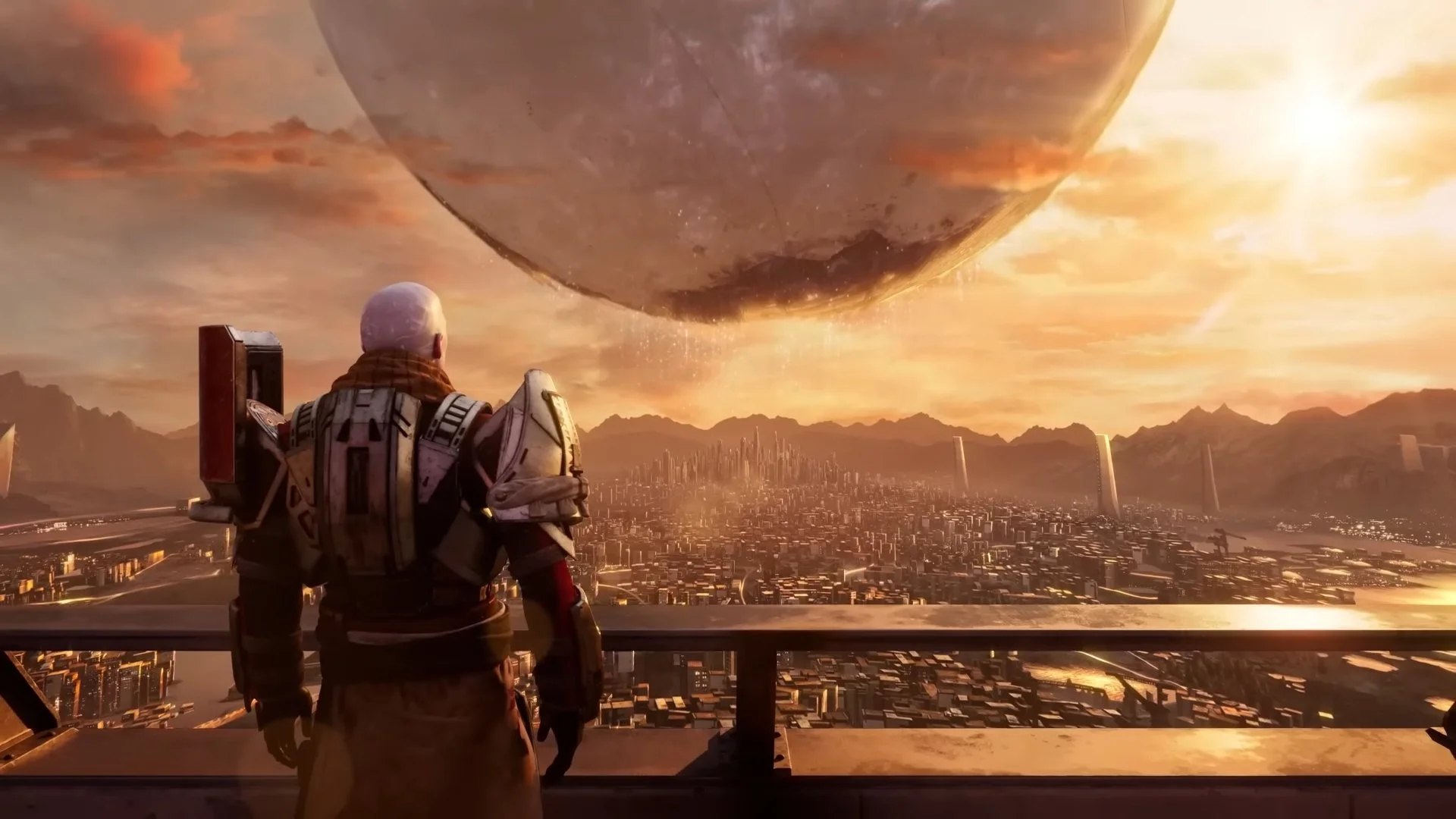 A person in futuristic armor looking at a giant spaceship in the sky over a city at sunset.