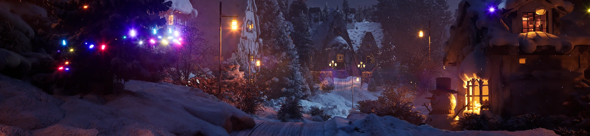 Snow-covered festive village at night with decorated trees, colorful string lights, illuminated houses, and Christmas decorations.