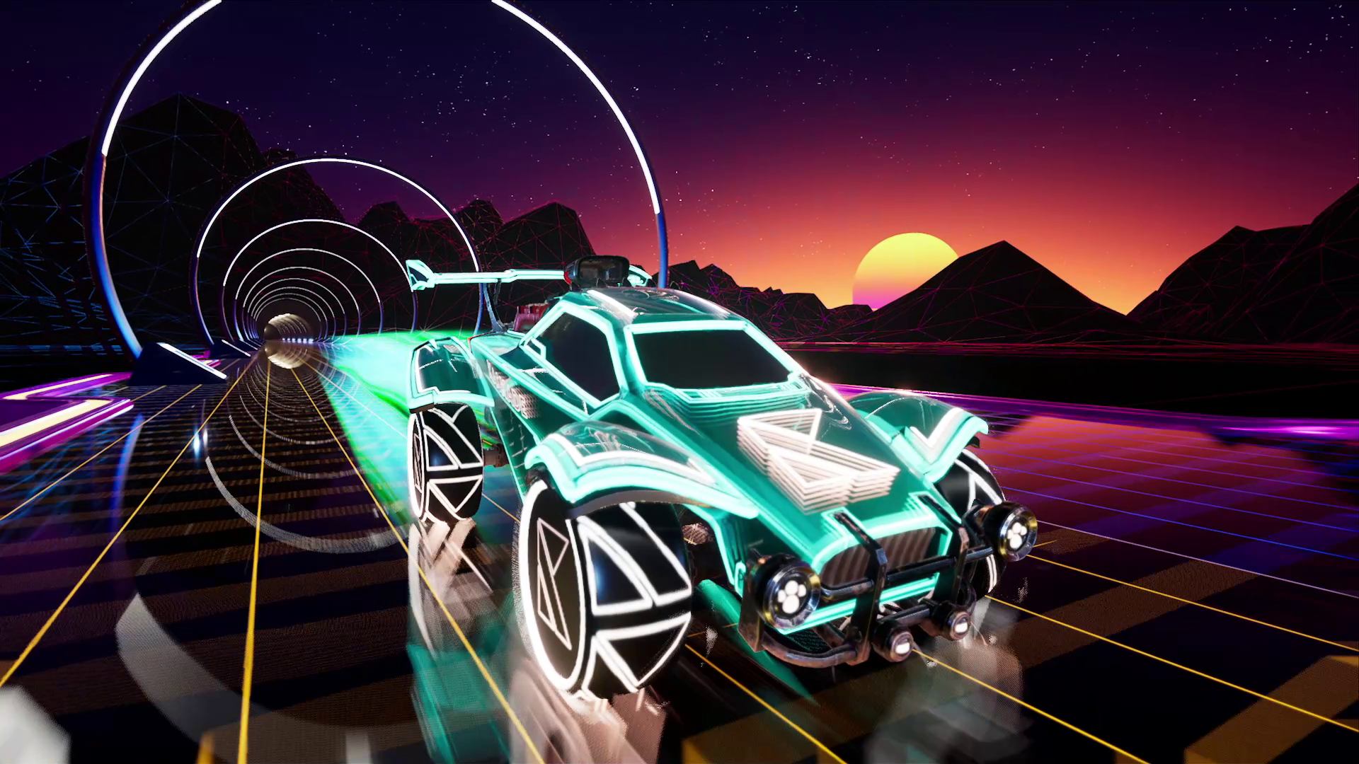 A futuristic neon-lit race car on a digital grid track with a sunset and starry sky in the background.