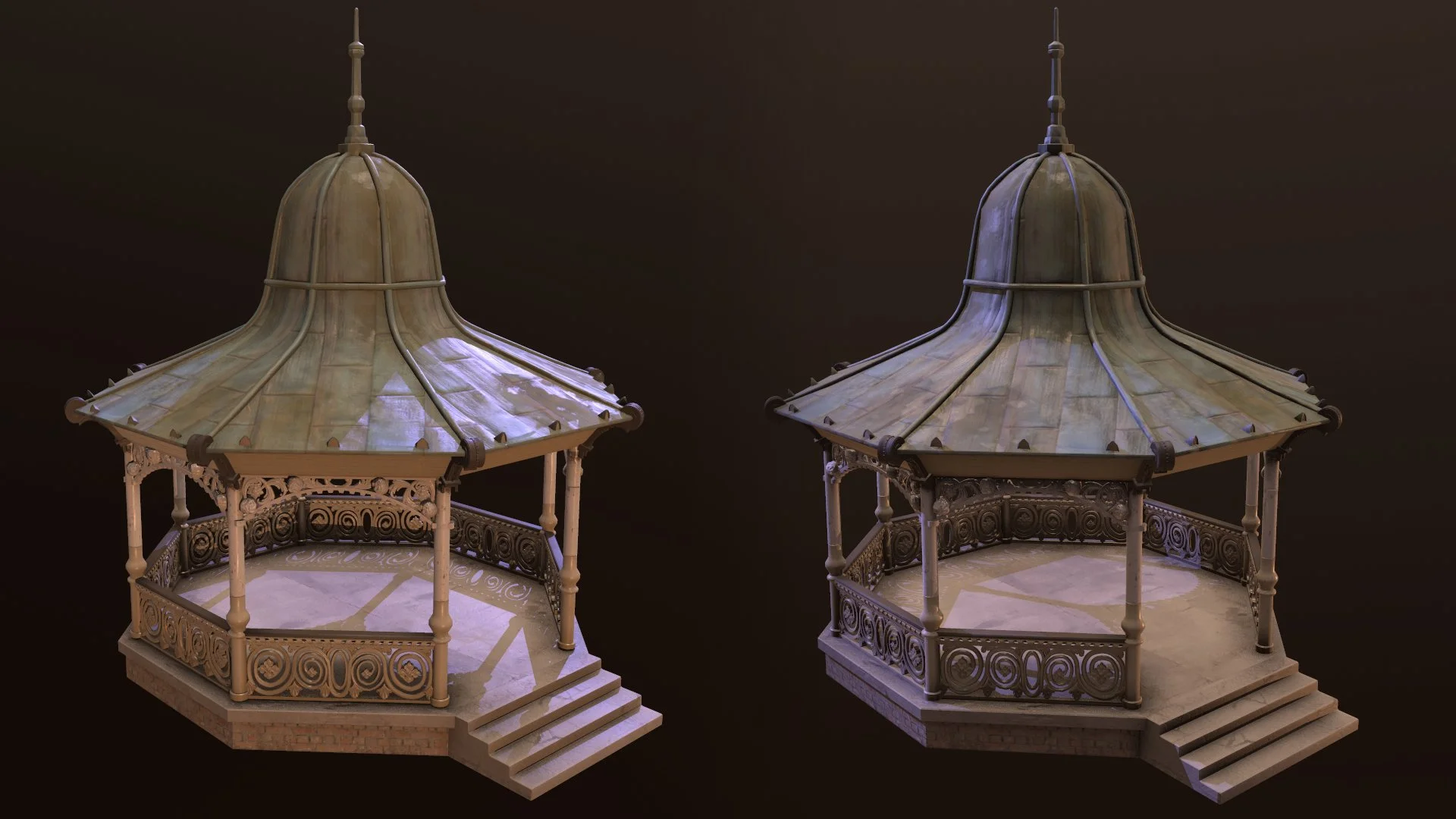 Ornate Victorian-style gazebos with domed roofs and intricate woodwork, viewed from the front against dark background.