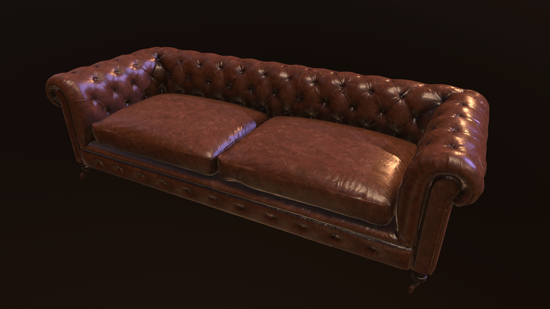 An old, brown leather tufted sofa with a pillow on one side, set against a dark background.