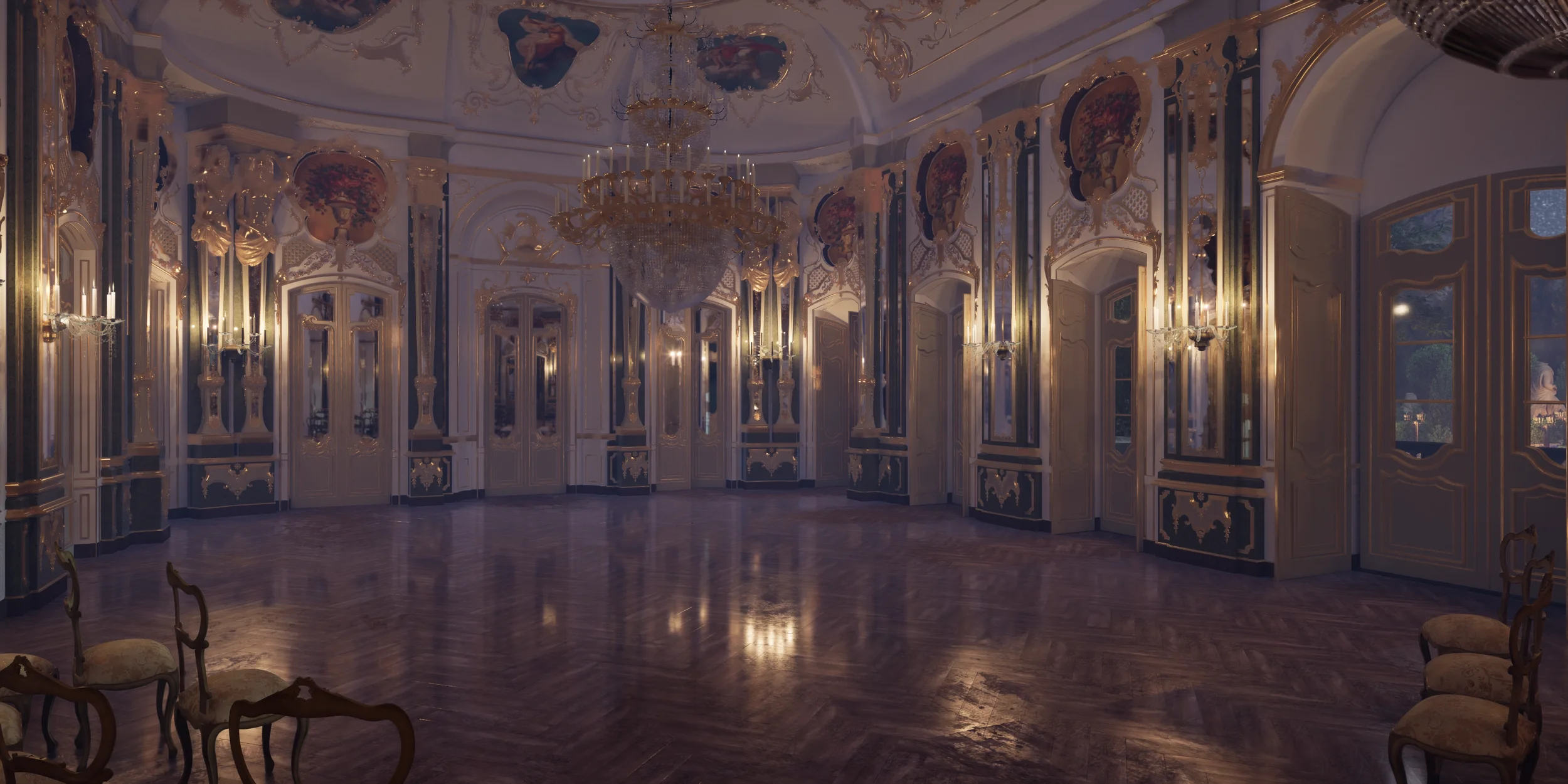 Luxurious ballroom with ornate white and gold walls, large crystal chandelier, high windows, and polished wooden floor.