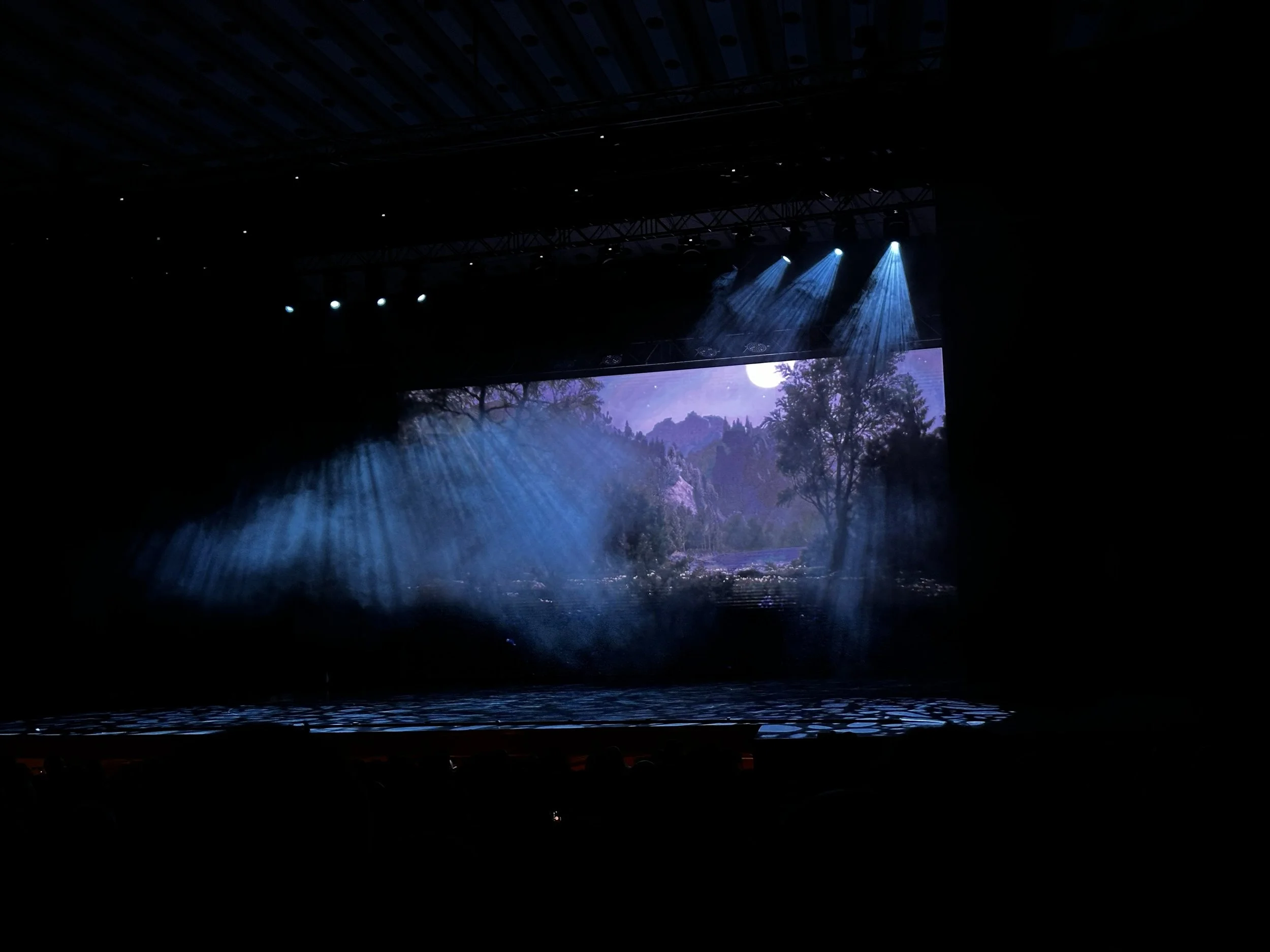 Stage with a landscape backdrop and blue stage lighting, resembling a nighttime forest scene.