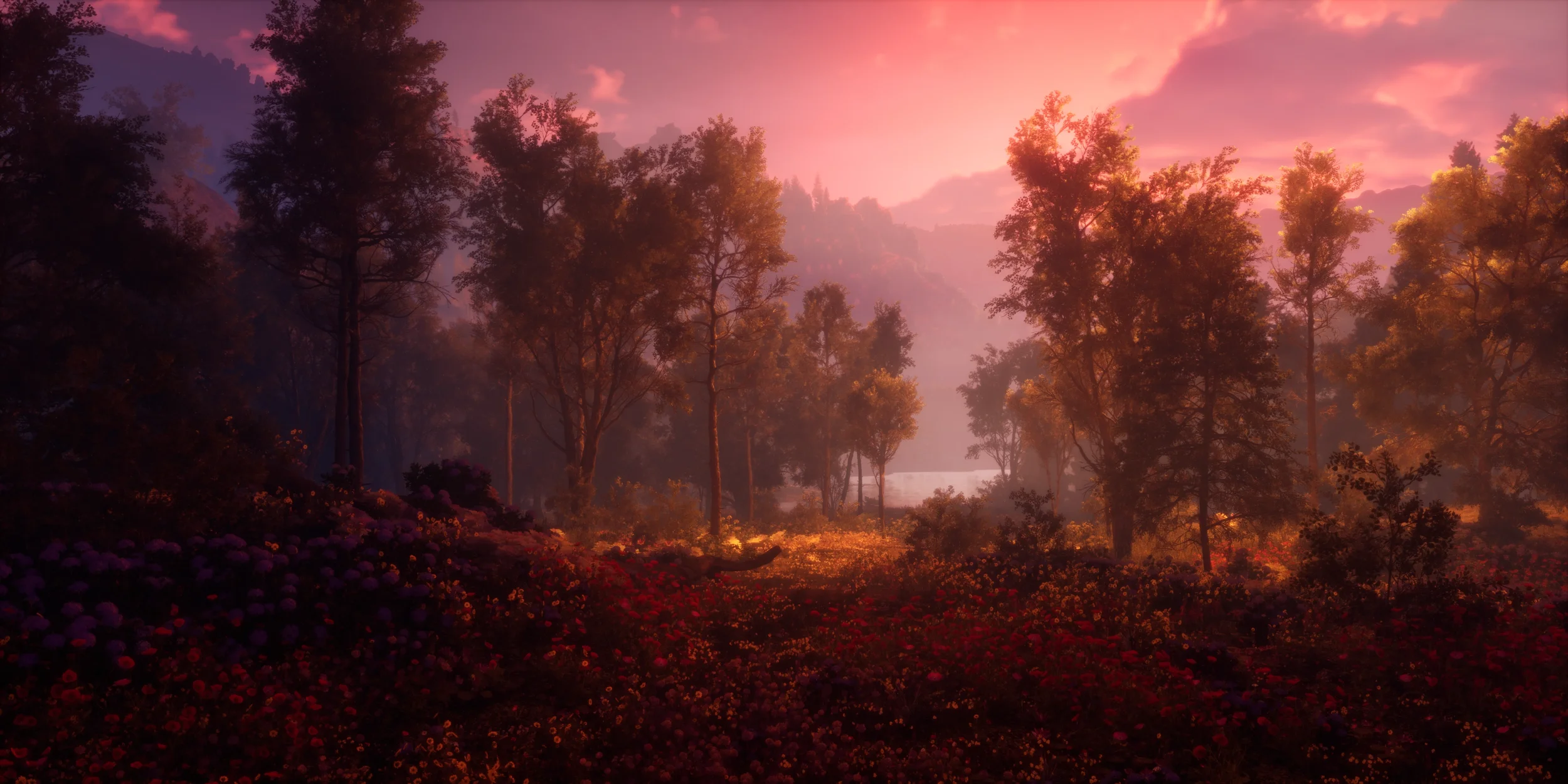 A colorful landscape of a forest during sunset with tall trees, mountains in the background, and a field of flowers in the foreground.