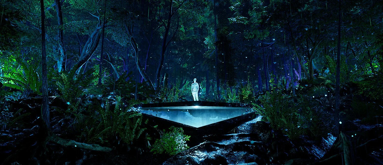 A mysterious figure standing in front of a glowing, futuristic pool in a dense, dark forest at night, with tall trees and lush vegetation surrounding the scene.
