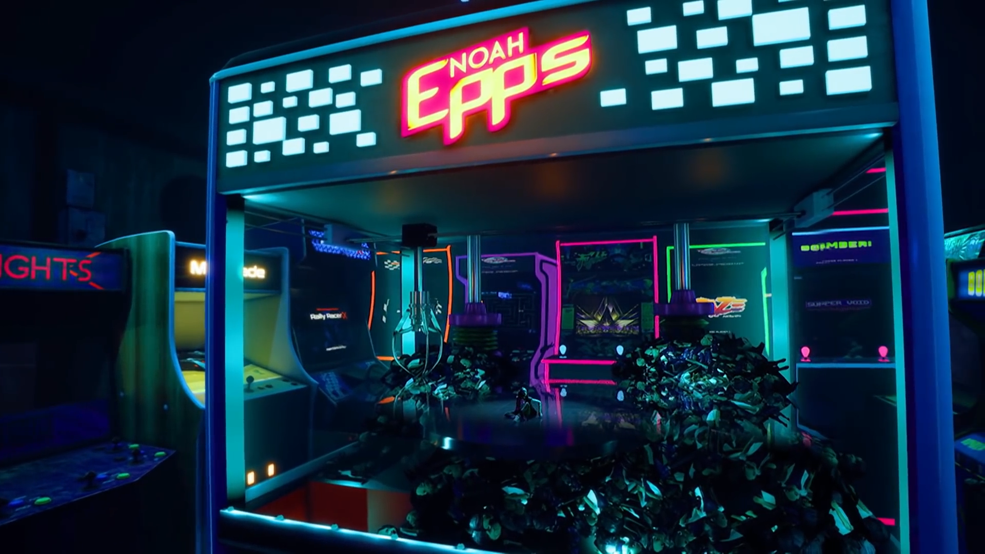 Neon-lit arcade with various gaming machines and colorful lights, featuring a sign that says 'Noah'. America's Got Talent, Virtual Production