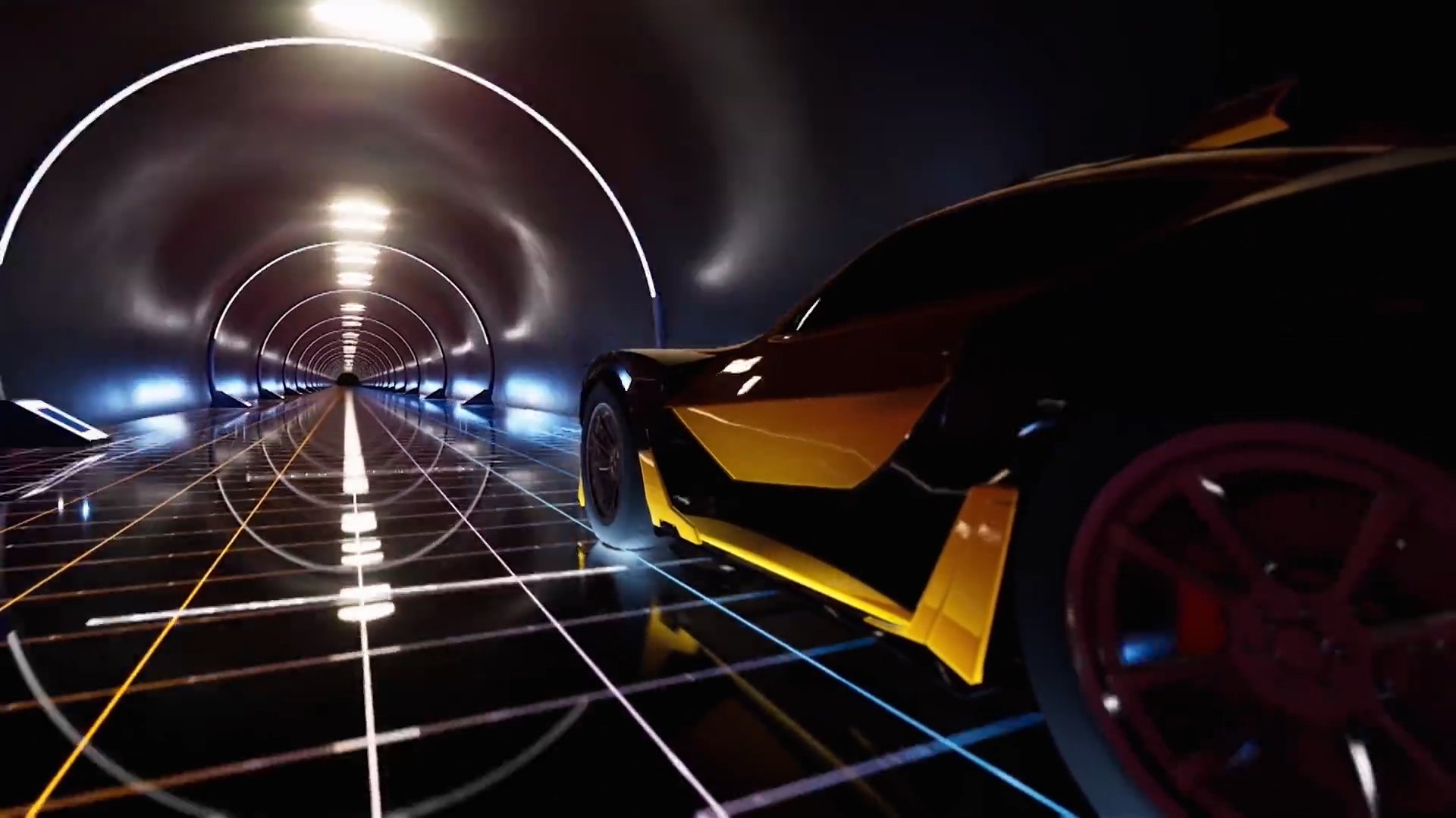 A sleek, futuristic yellow and black sports car inside a digital tunnel with neon grid lines and glowing white circles, creating a sci-fi sci-fi atmosphere.