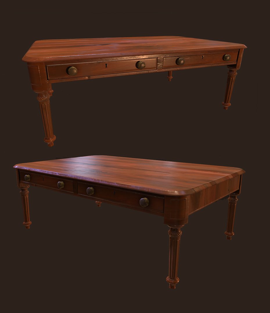 Two wooden tables with drawers and carved legs, one placed above the other, against a dark background.