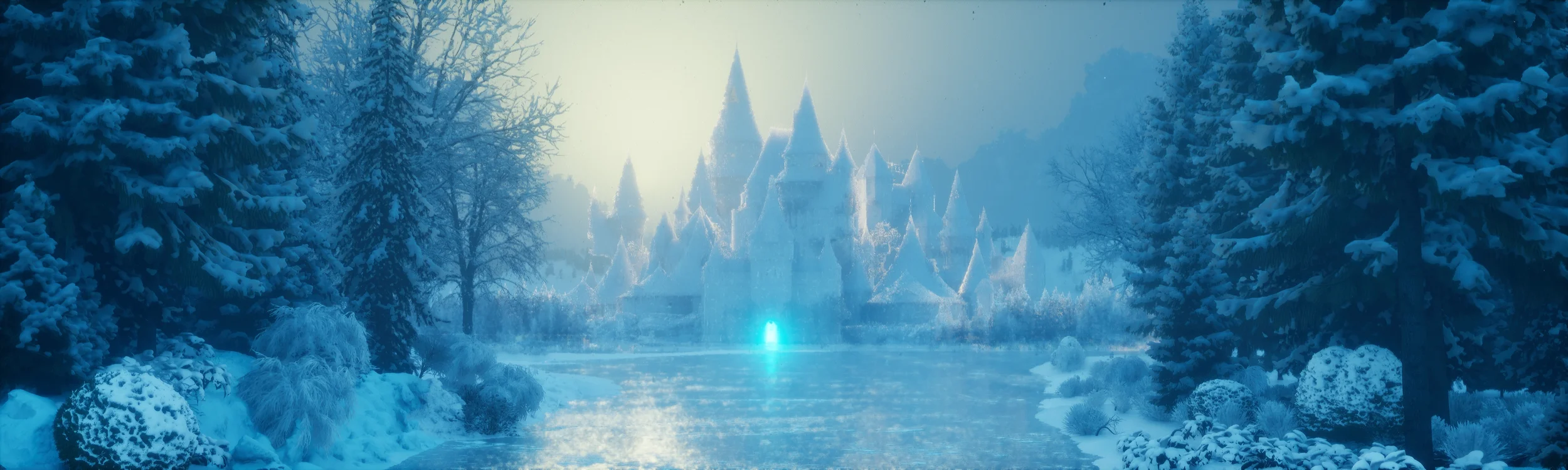 A snowy landscape with a castle in the background, surrounded by snow-covered trees and bushes, with icy water in the foreground, illuminated by a mysterious blue light.