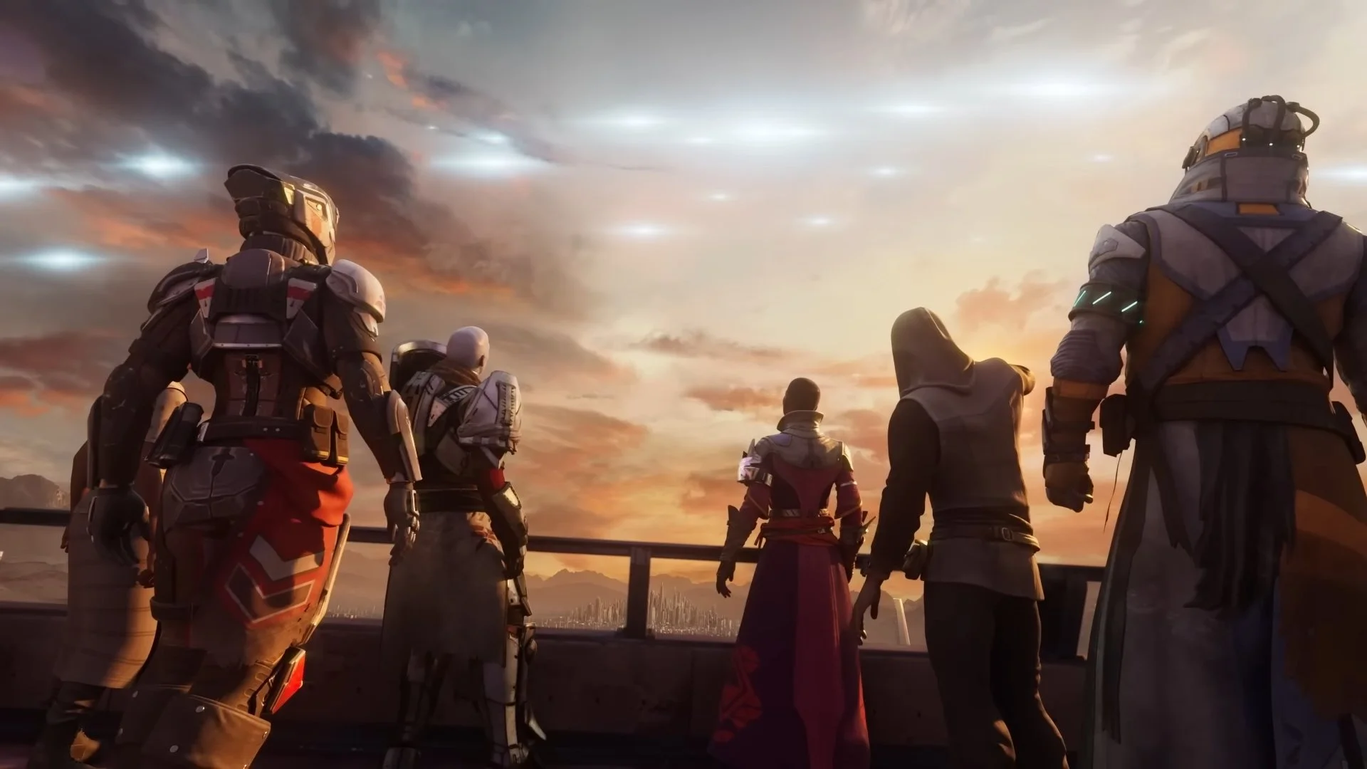 A group of seven individuals, dressed in sci-fi armor and clothing, stand on a balcony overlooking a city at sunset, with dramatic clouds and a fiery sky.