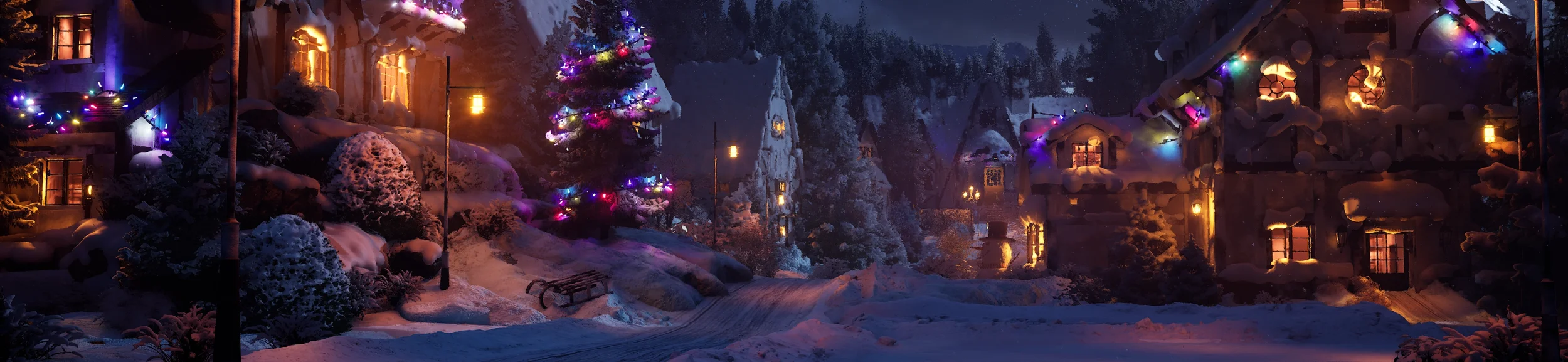 Snow-covered village at night decorated with colorful Christmas lights, including a Christmas tree, with illuminated windows and street lamps illuminating a snowy path.