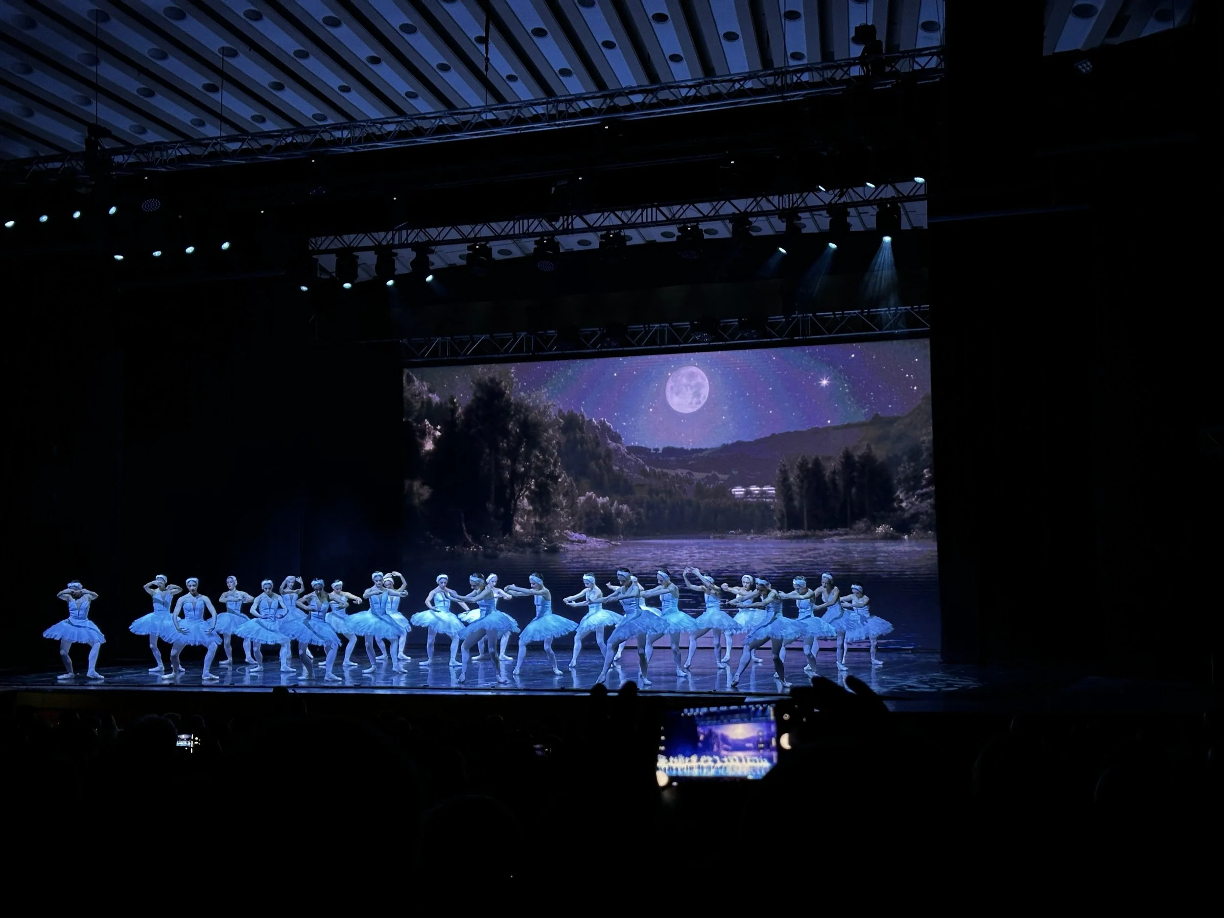 Ballet dancers performing on stage in front of a scenic backdrop featuring a moonlit landscape with trees and mountains, and a star-filled sky.