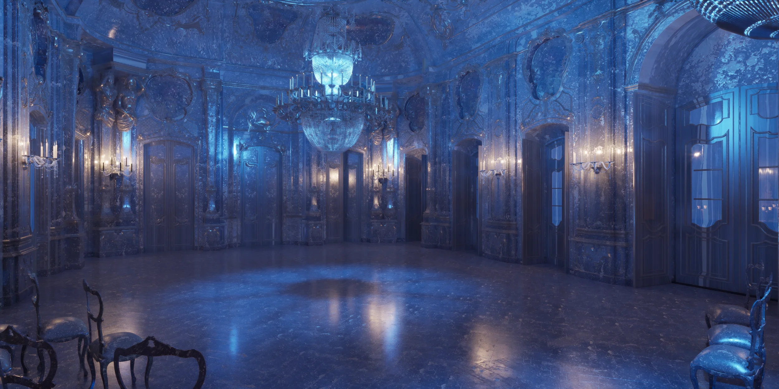 A luxurious, ornate room with blue reflective walls, a large chandelier, and several chairs along the walls.