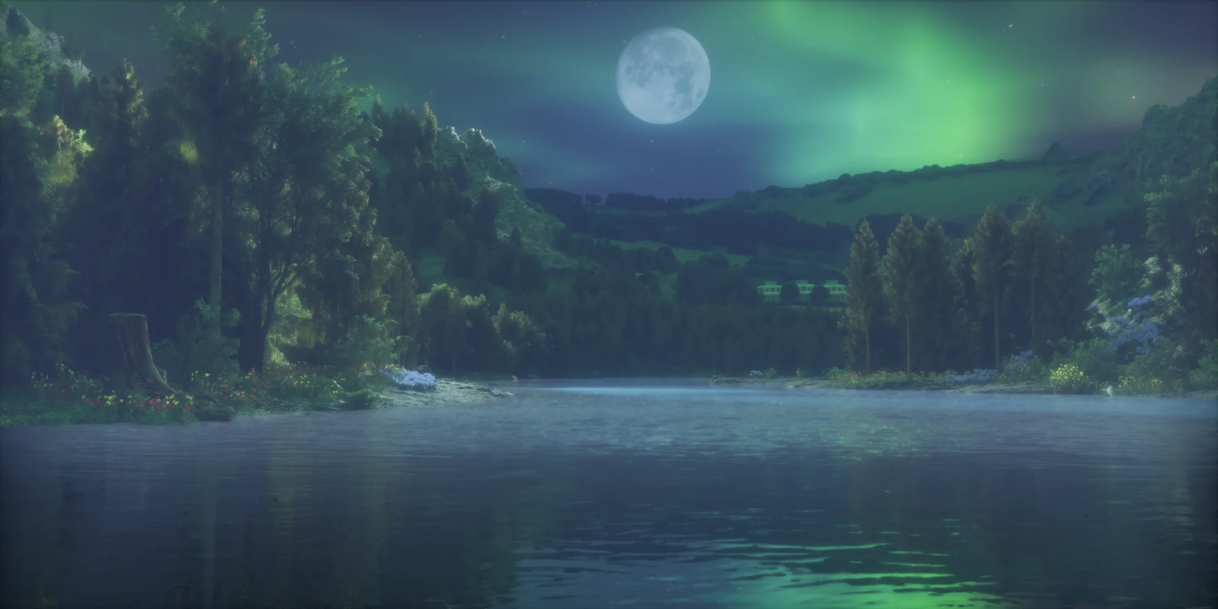 A nighttime landscape scene with a full moon and northern lights in the sky, a river in the foreground, surrounded by trees and hills.