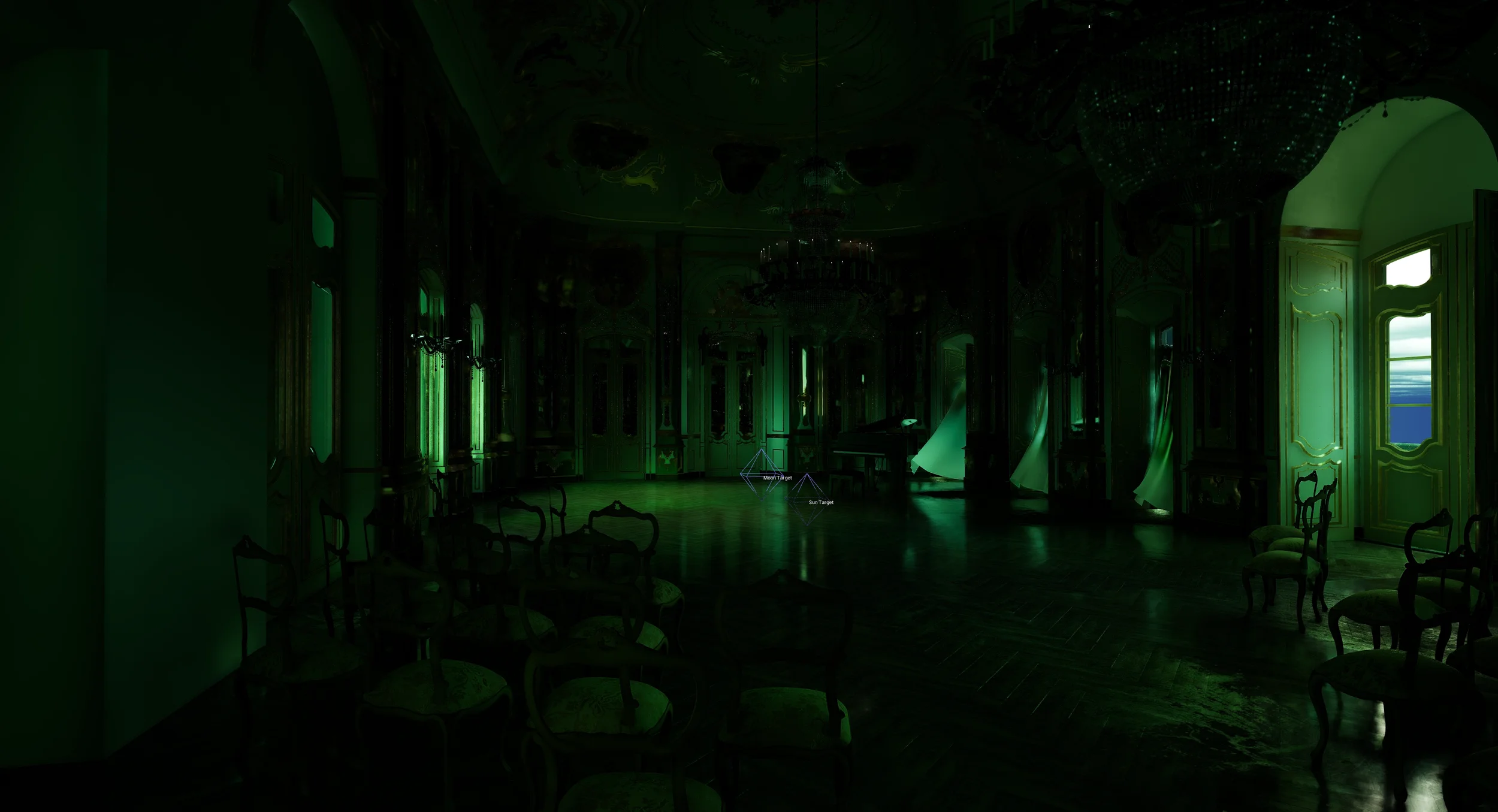 A dimly lit room with green lighting, featuring chairs arranged along the walls, large windows with curtains, chandelier, and a piano. There are overlay graphics labeled 'Moon Target' and 'Sun Target' on the floor.