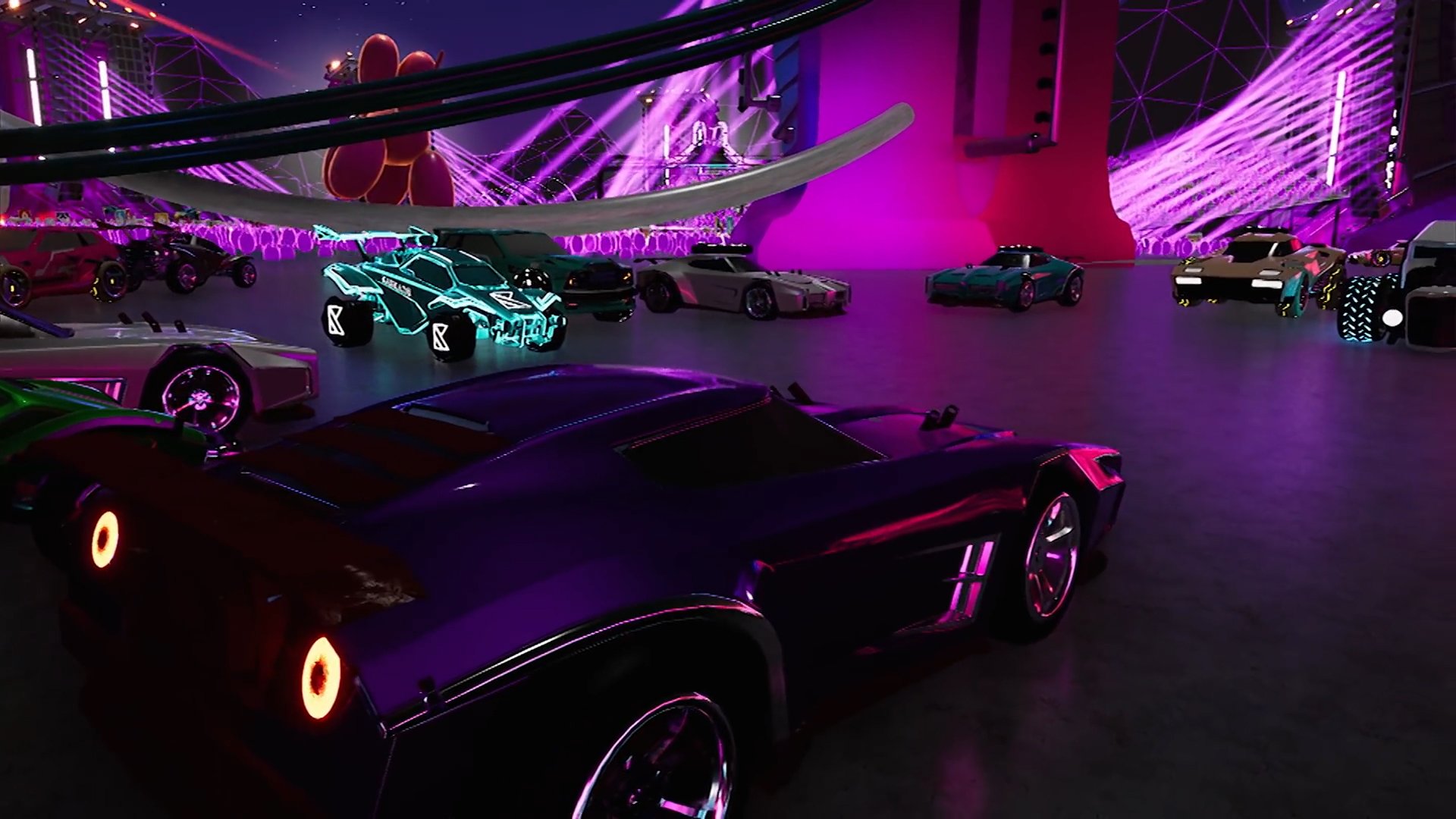 A collection of futuristic, neon-lit cars at a virtual exhibition with purple and pink lighting and digital art in the background.
