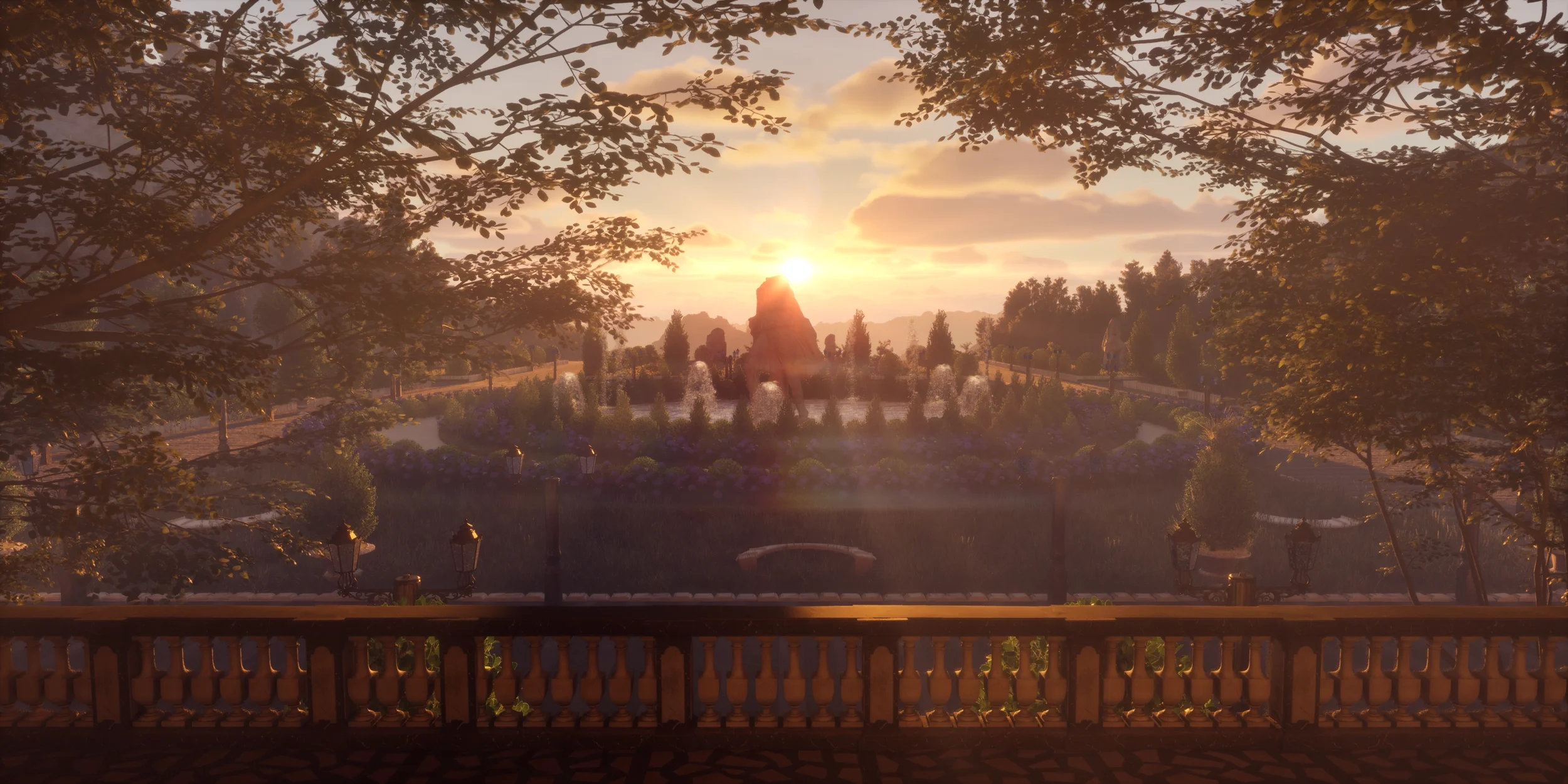 Sunset over a garden with a fountain, surrounded by trees and flowers, viewed from a balcony with a railing and lamp posts.