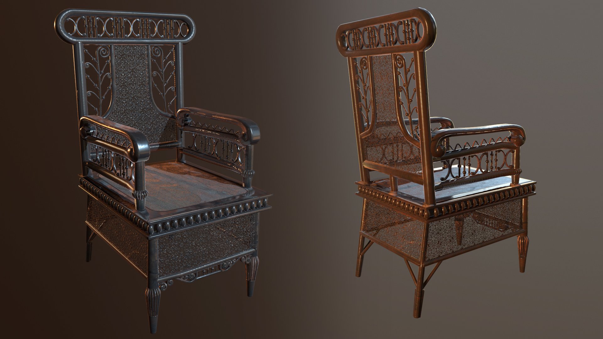 Two ornate metal chairs with high backs and armrests, one silver and one bronze, are shown against a neutral background.