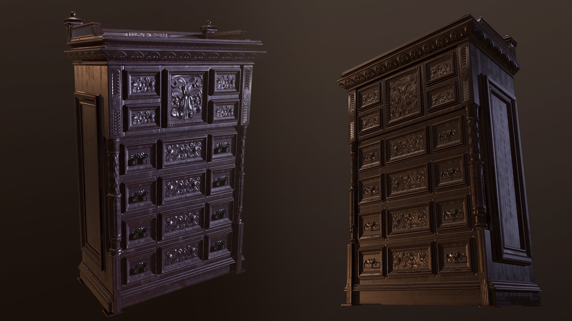 Two ornate, dark wooden cabinets with intricate carvings and multiple drawers, positioned against a dark background.