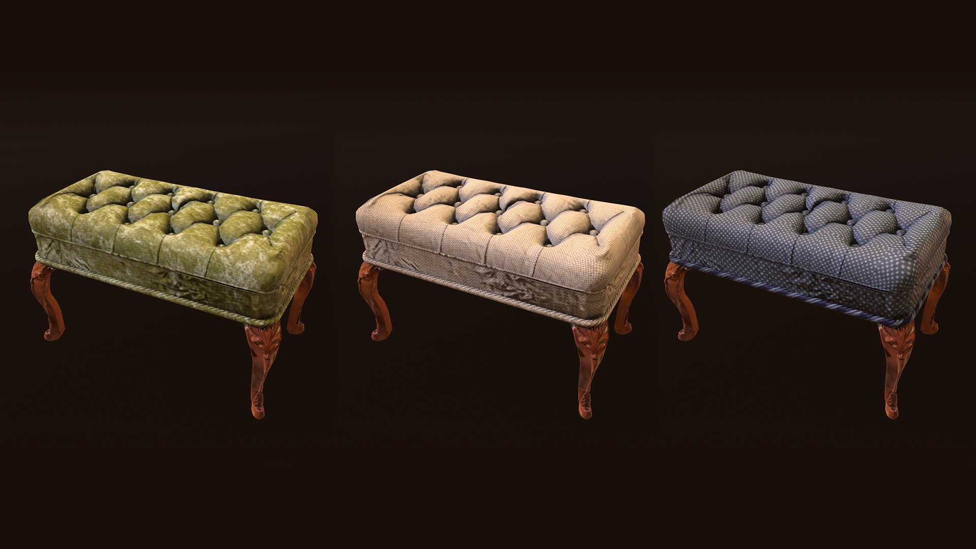 Three vintage upholstered ottomans with wooden cabriole legs, in green, beige, and blue fabric, displayed on a dark background.