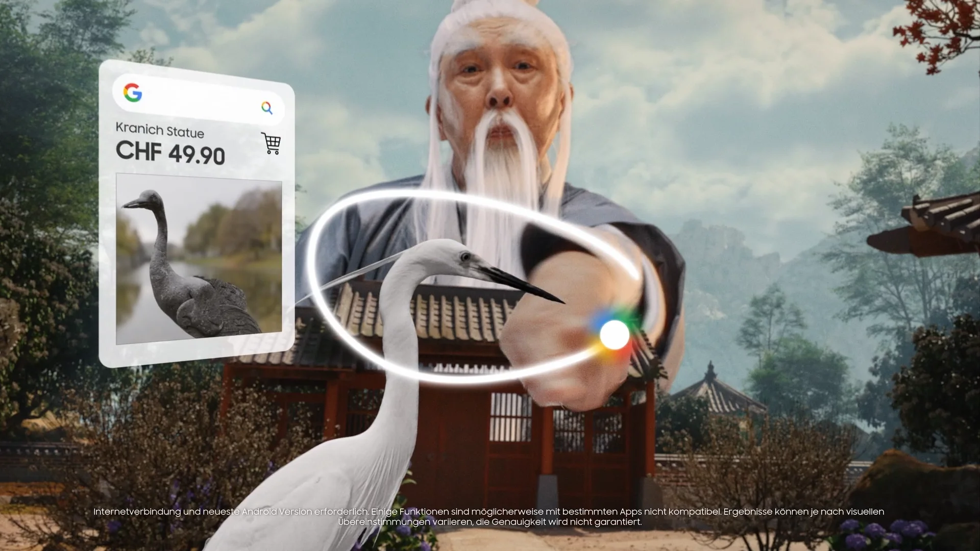 A man with a white beard and traditional Asian attire appears to be using augmented reality technology, pointing a finger forward while a virtual display shows a photo of a bird and its price. The background features a natural outdoor setting with tr