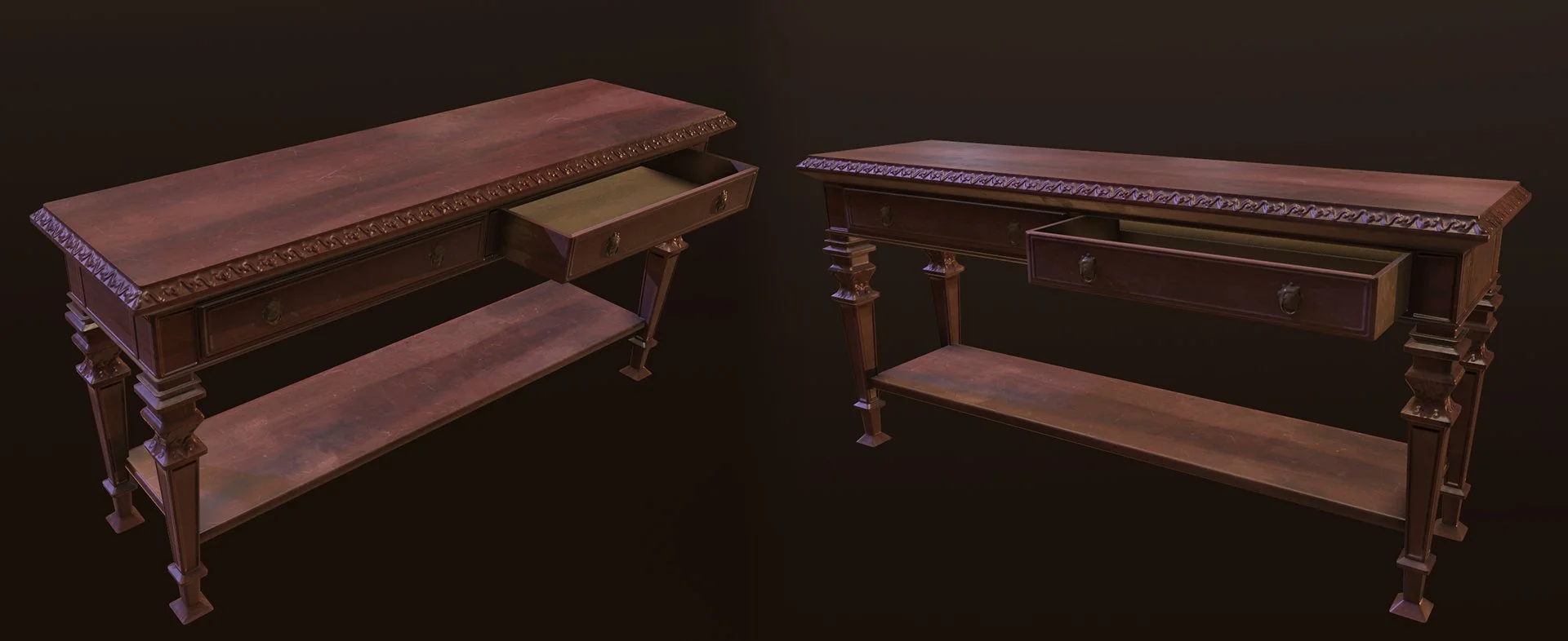 Two antique wooden tables with carved details, each with drawers and lower shelves, set against a black background.