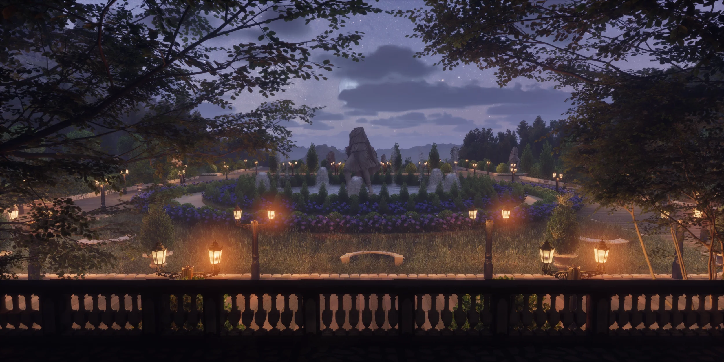 A nighttime view of a park or garden with a fountain featuring horse statues in the center, surrounded by flowers and trees, illuminated by vintage-style lamp posts.