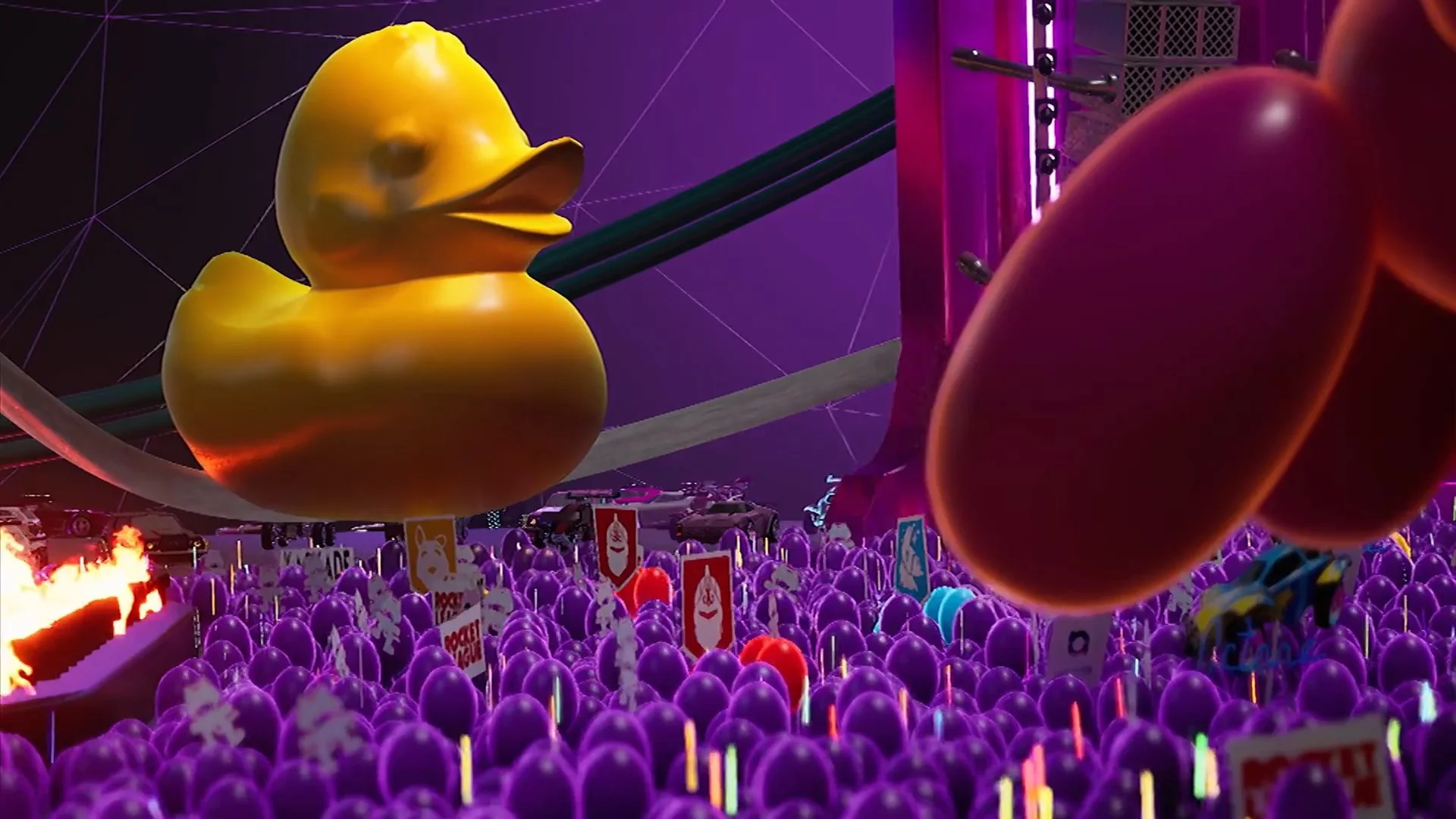 A digitally rendered scene featuring a large yellow rubber duck floating among purple grapes in a vibrant, futuristic setting with neon lights and signs.