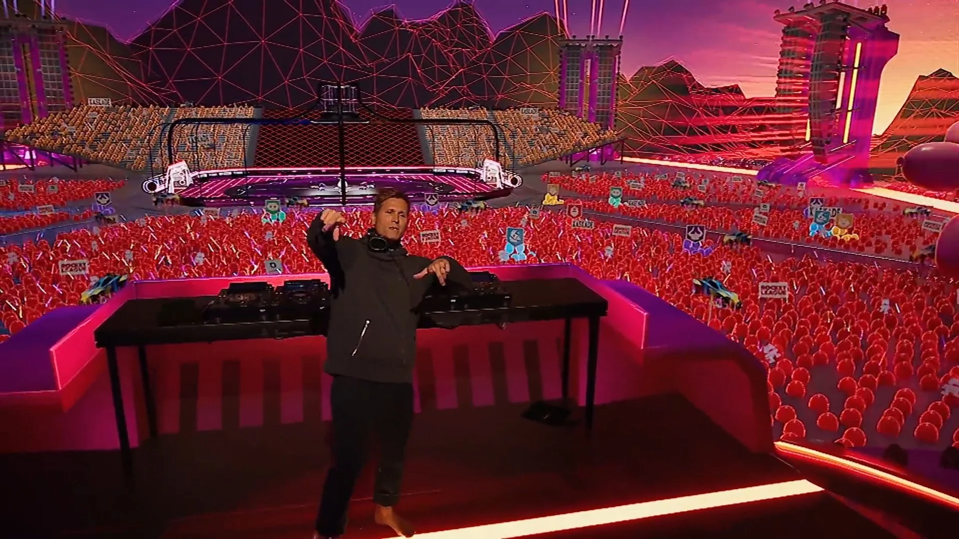 A DJ standing behind a DJ booth in front of a virtual concert stage with a crowd, colorful lights, and a cityscape background.
