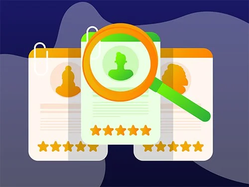 Illustratie van cv's met vergrootglas dat een profiel en vijf sterren beoordeelt.