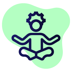 Een eenvoudige lijntekening van een persoon die zit in een meditatiepositie, met een gear afbeelding boven het hoofd.