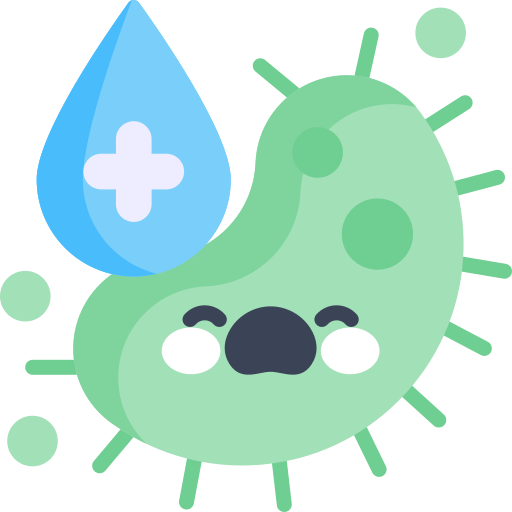 Cartoon microorganism with a water droplet featuring a medical cross, expressing need for hydration or health awareness.