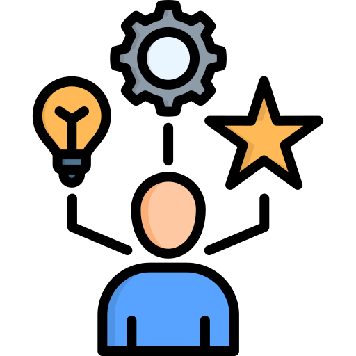 Illustration of a person with icons of a light bulb, gear, star, and head above their head