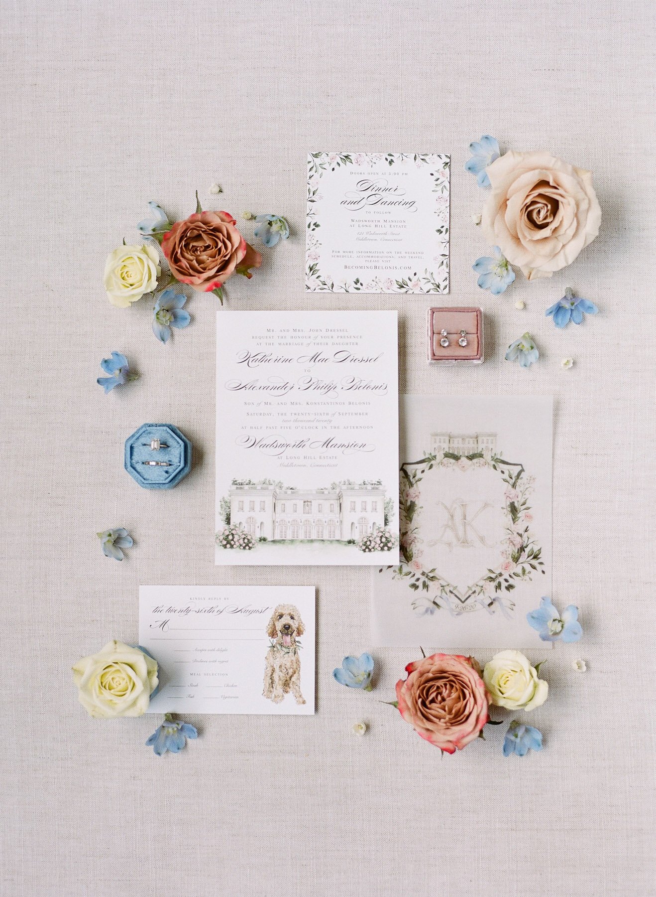 Emily Mayne Studio invitation design with Just for You floral design at Wadsworth Mansion